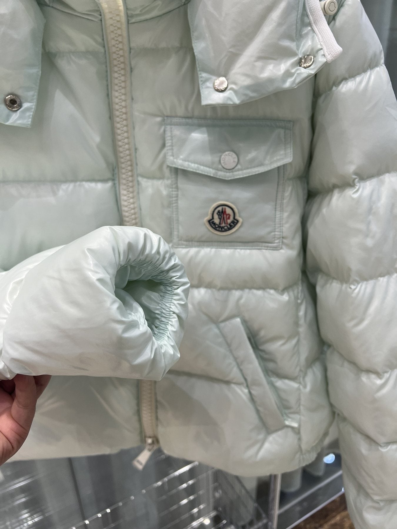 Moncler Hooded Front-Pocket Puffer Coat — fabric_closeup