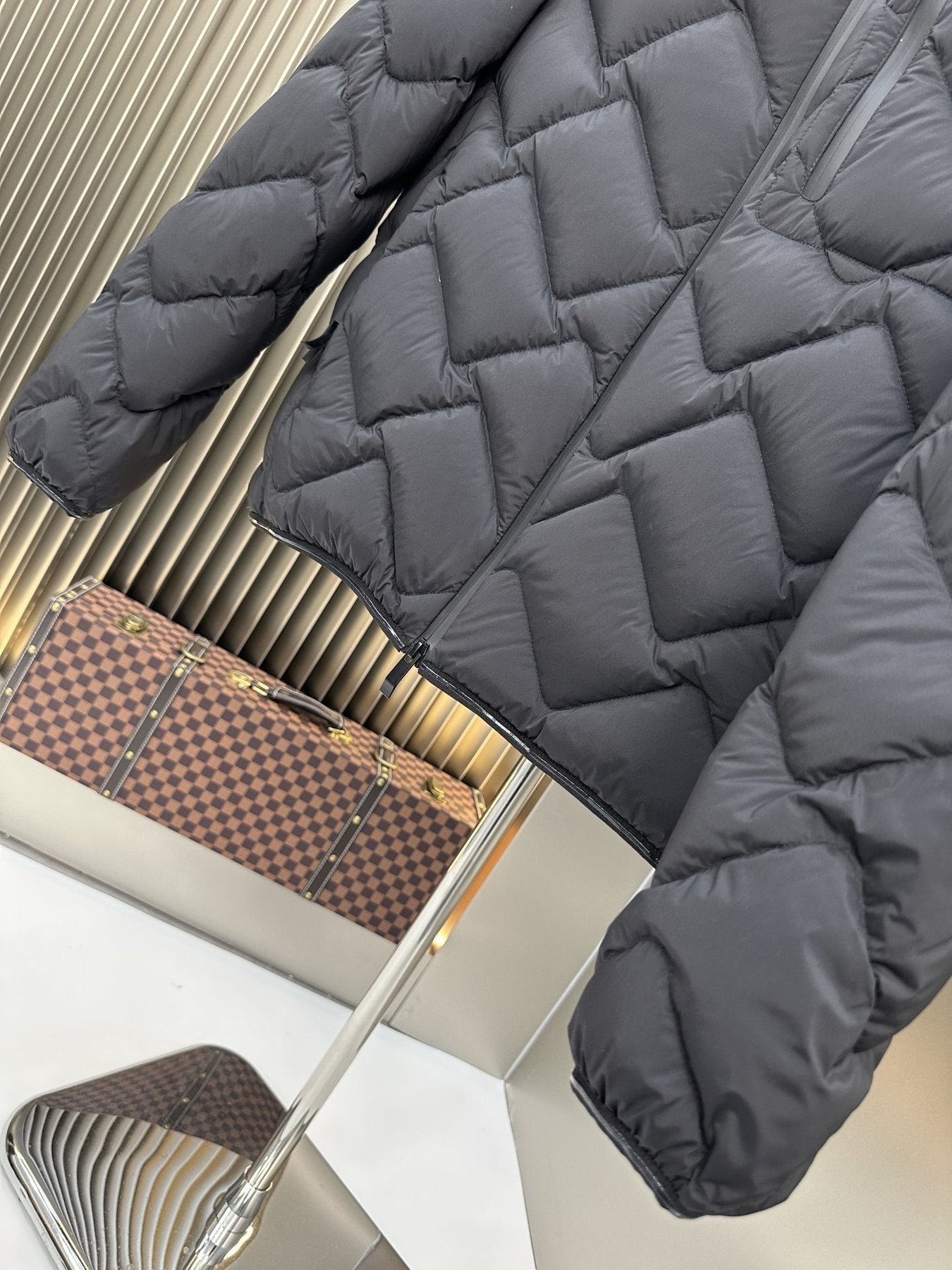 Moncler Chevron-Quilted Hooded Puffer Coat — detail