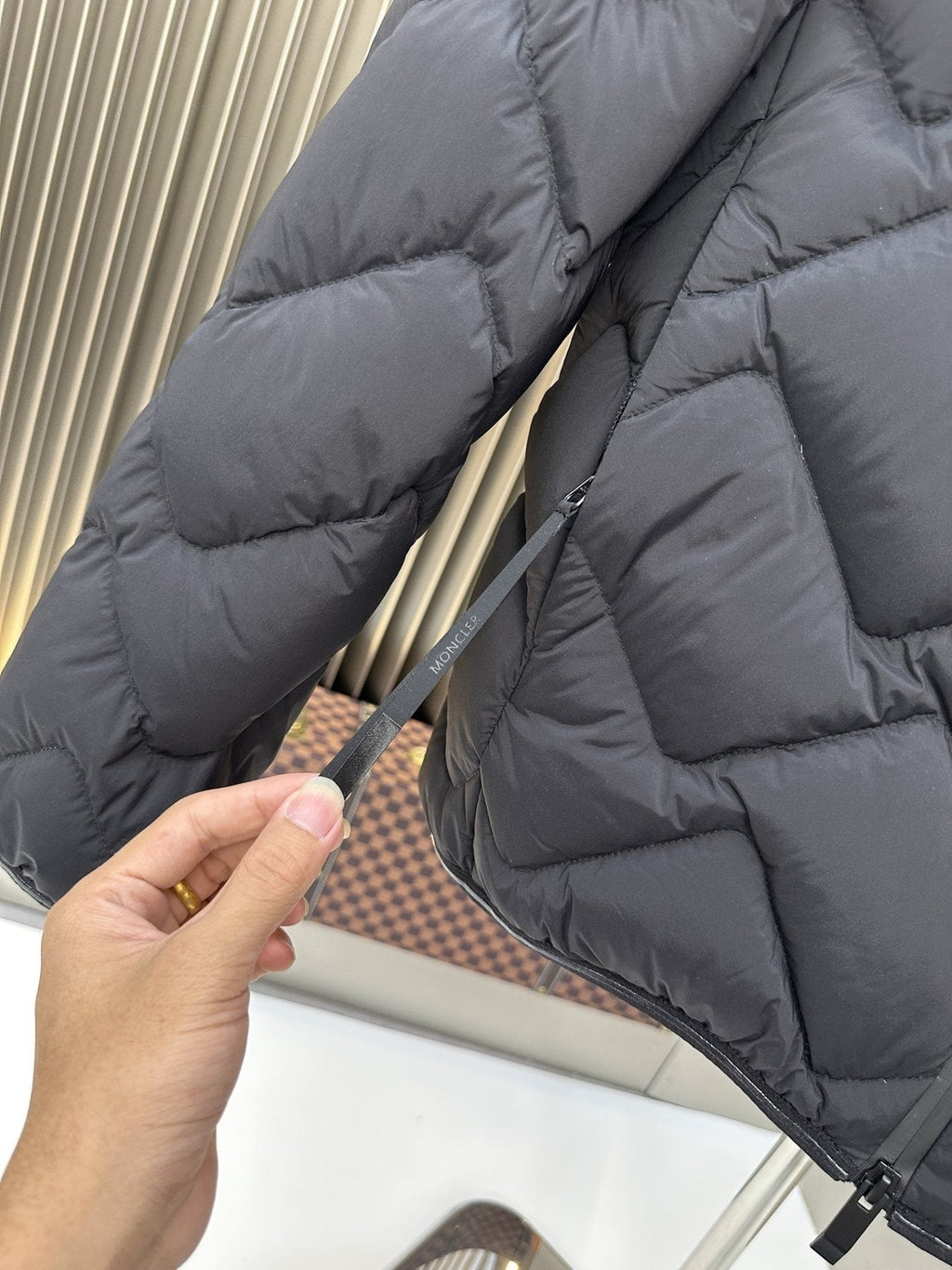 Moncler Chevron-Quilted Hooded Puffer Coat — detail