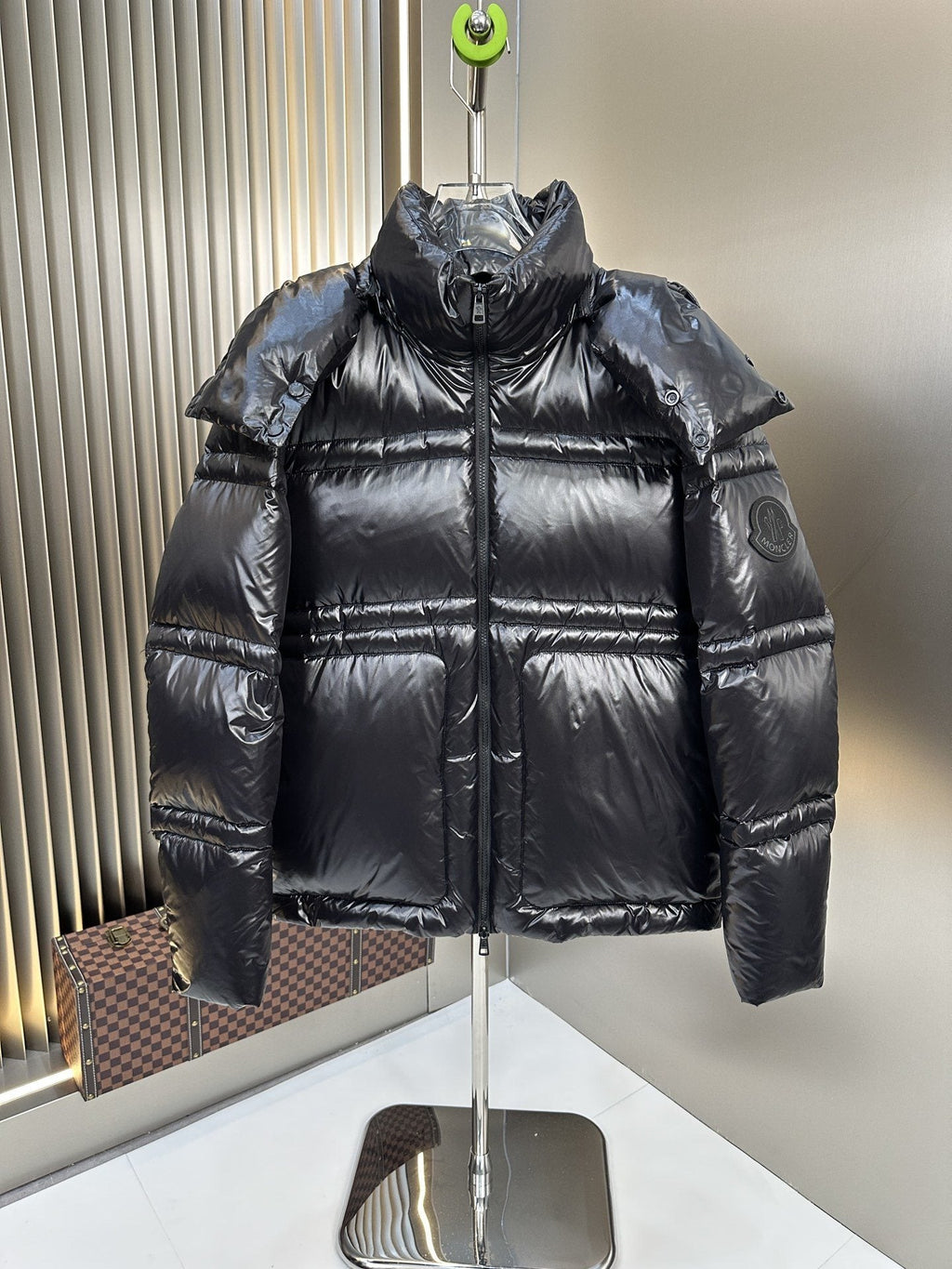 Moncler Black Glossy Hooded Puffer Coat — hero