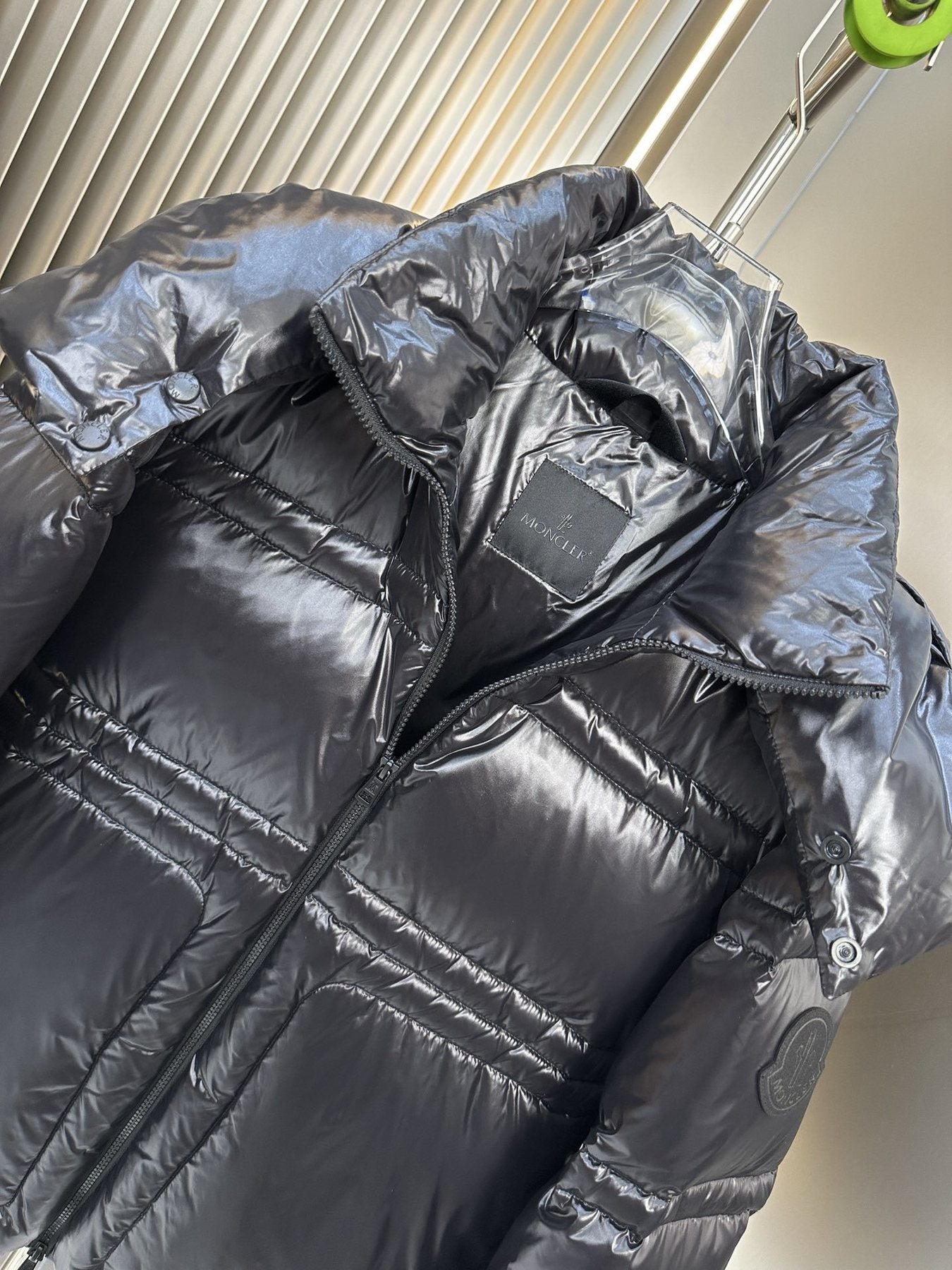Moncler Black Glossy Hooded Puffer Coat — detail