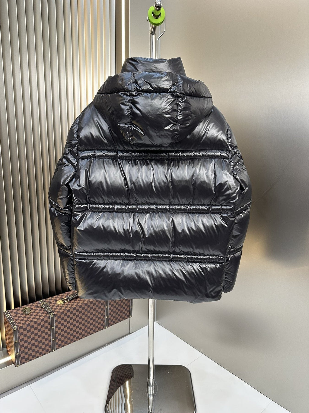 Moncler Black Glossy Hooded Puffer Coat — back