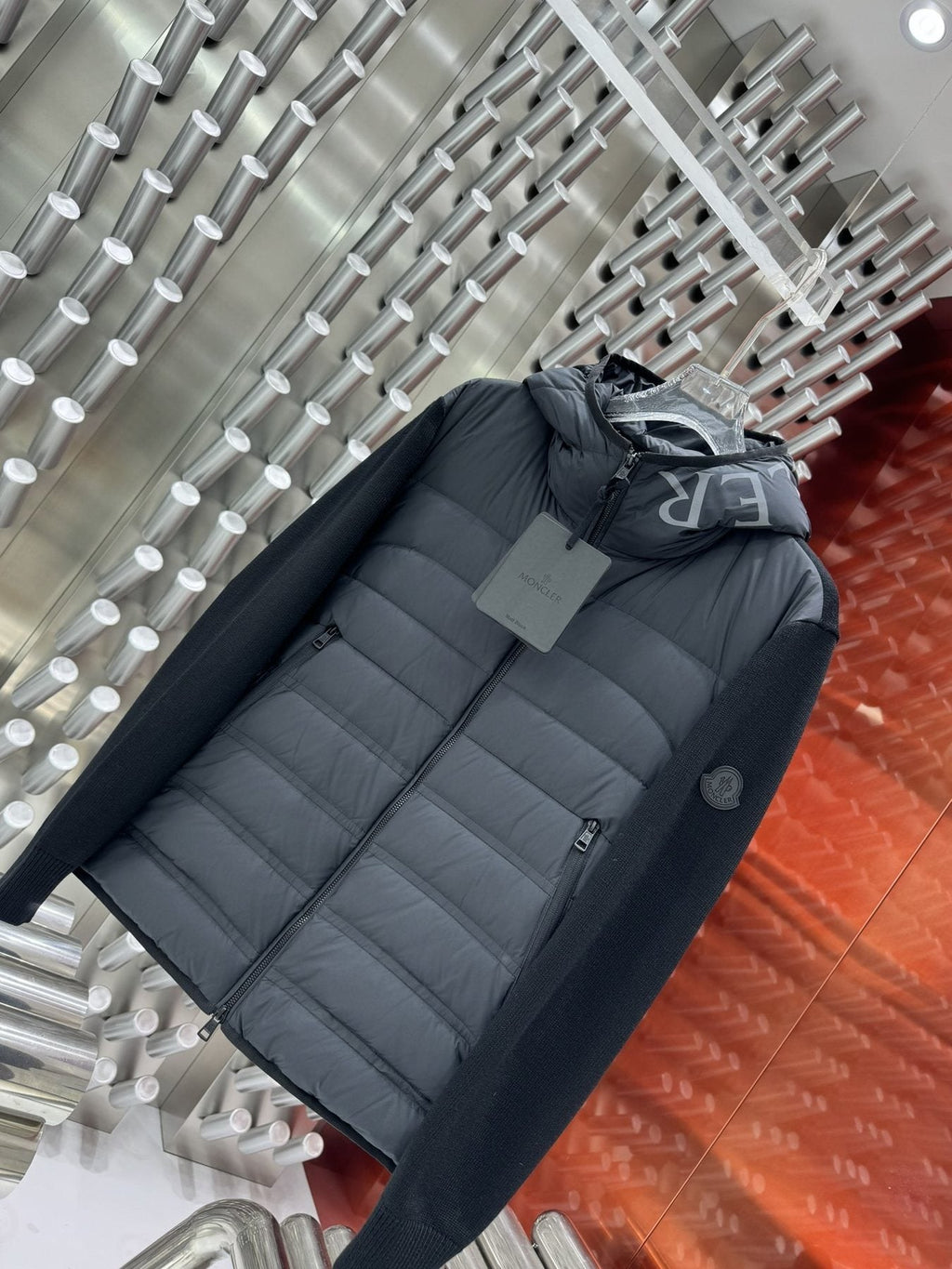 Moncler Grey Quilted Knit-Sleeve Hooded Puffer Jacket — front
