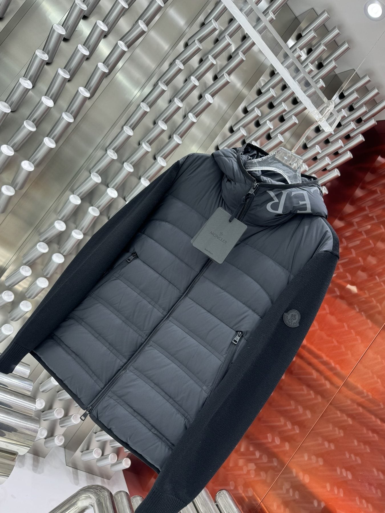 Moncler Grey Quilted Knit-Sleeve Hooded Puffer Jacket — front
