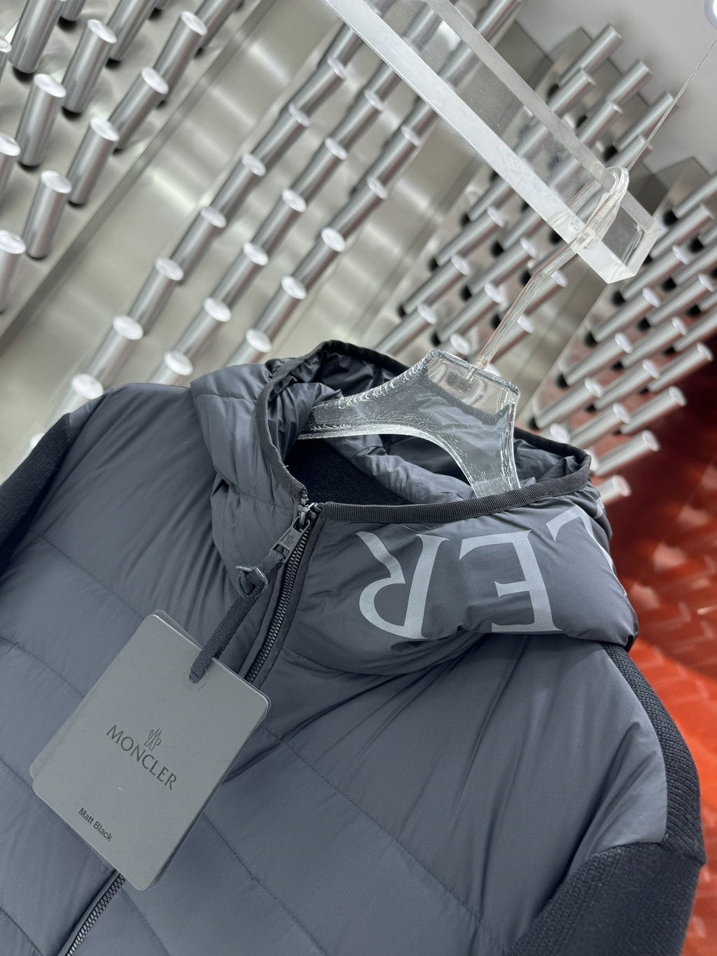 Moncler Grey Quilted Knit-Sleeve Hooded Puffer Jacket — detail