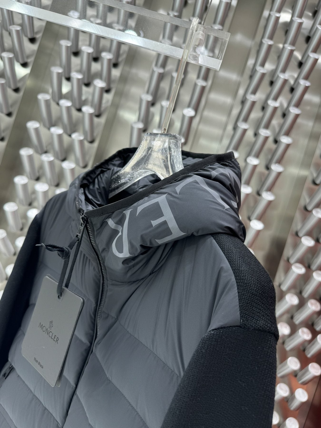 Moncler Grey Quilted Knit-Sleeve Hooded Puffer Jacket — detail