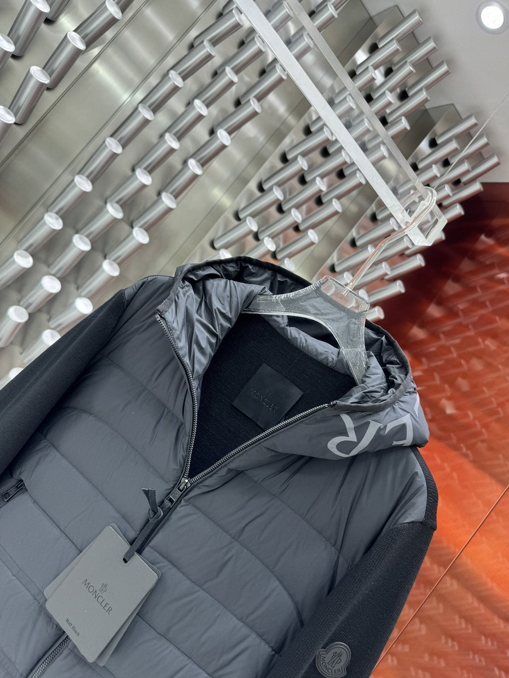 Moncler Grey Quilted Knit-Sleeve Hooded Puffer Jacket — detail