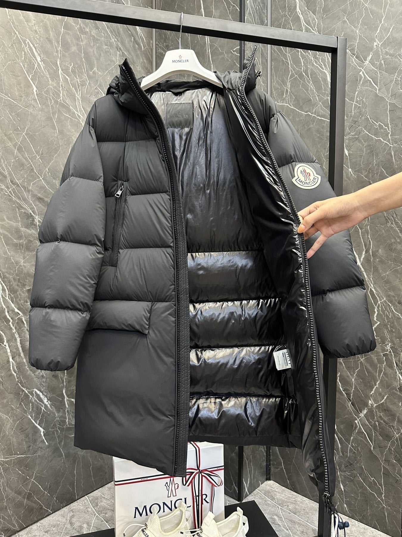 Moncler Bosona Black Long Hooded Down Coat — detail