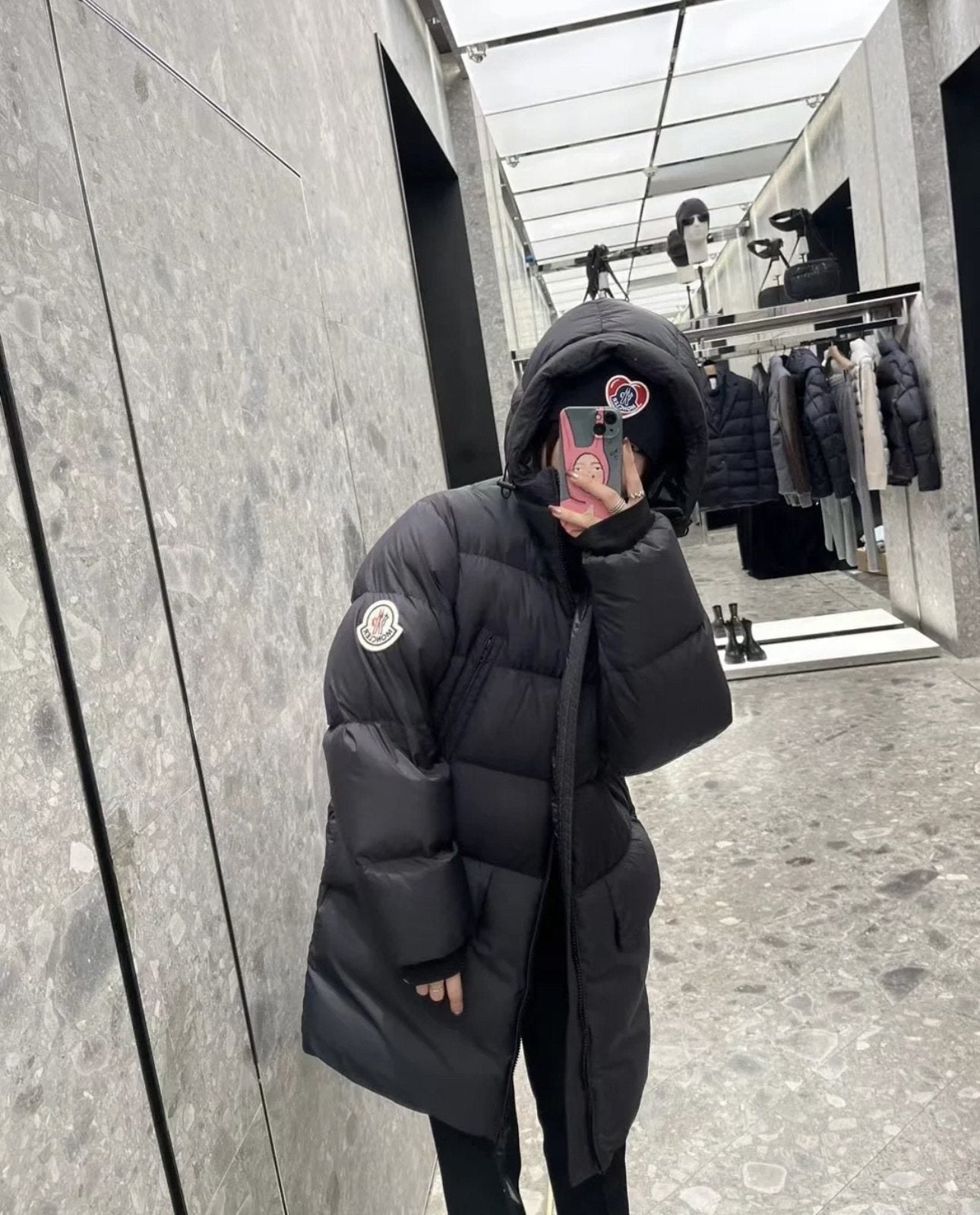 Moncler Bosona Black Long Hooded Down Coat — context