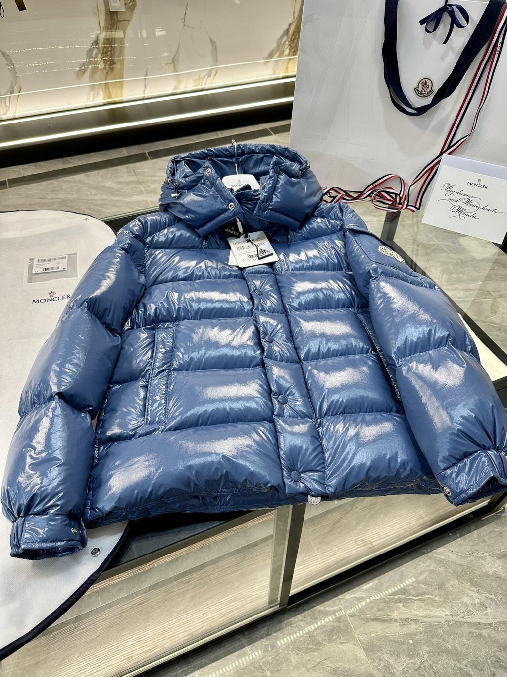 Moncler Maya 70 High-Shine Hooded Puffer Coat — hang_tag