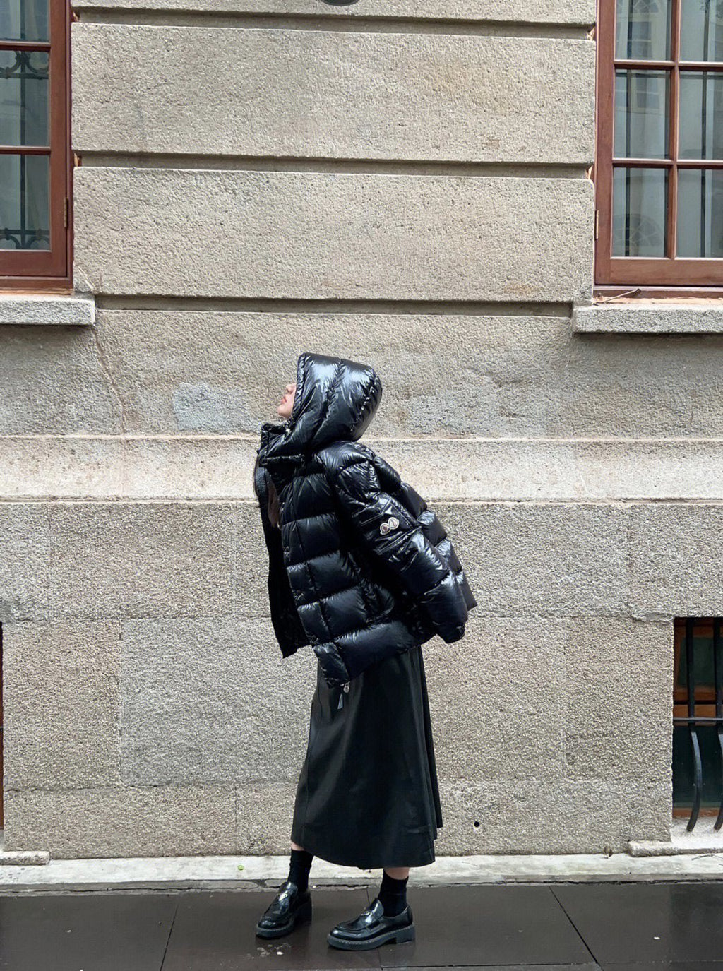 Moncler Maya 70 High-Shine Hooded Puffer Coat — context