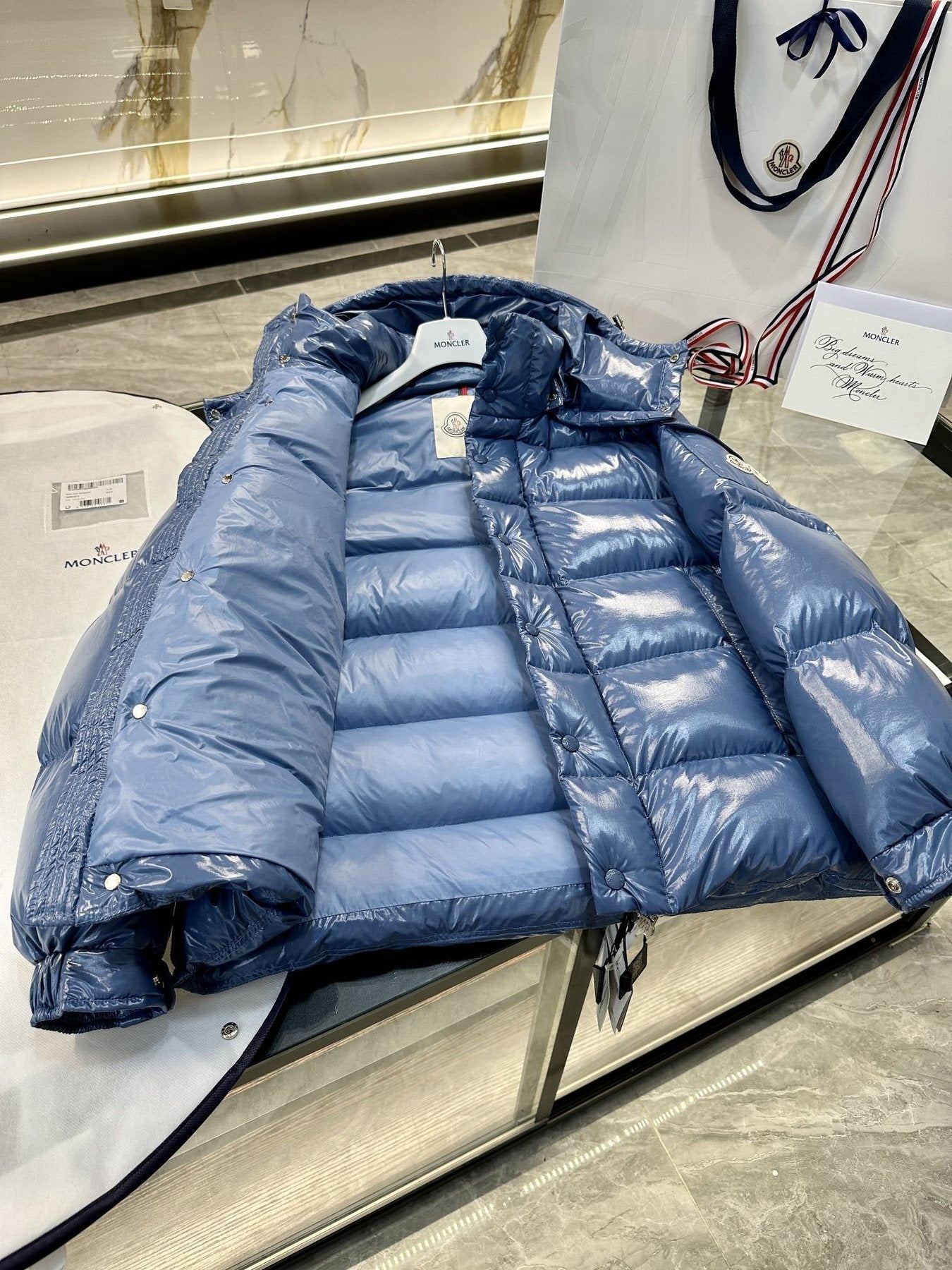 Moncler Maya 70 High-Shine Hooded Puffer Coat — neck_label