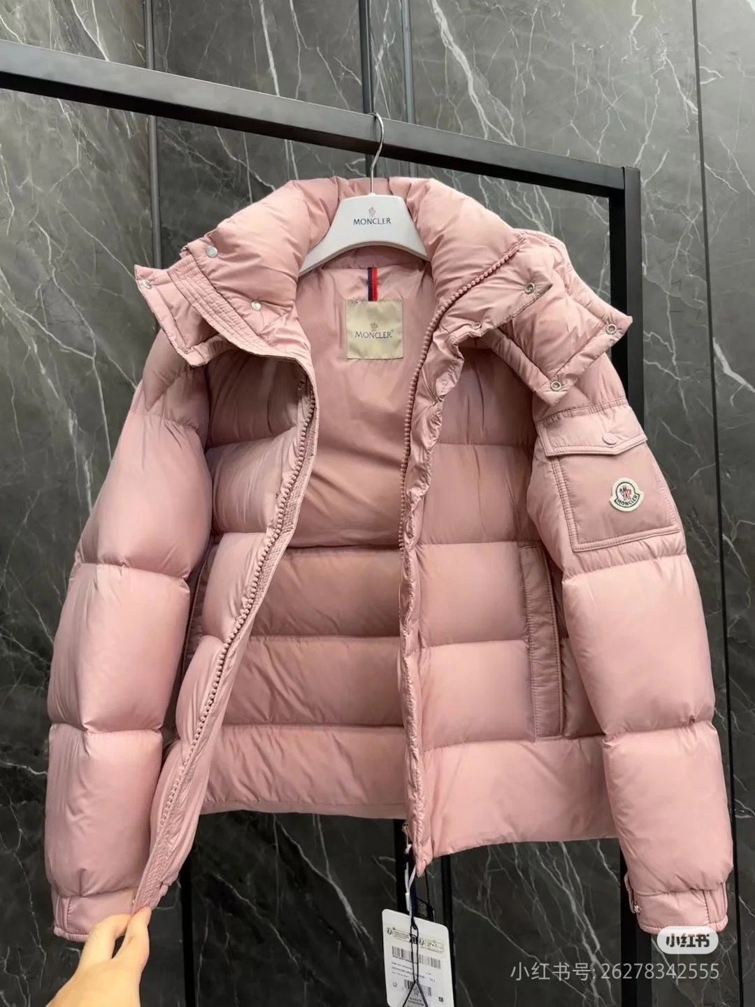 Moncler Matte Short Hooded Puffer Coat — detail