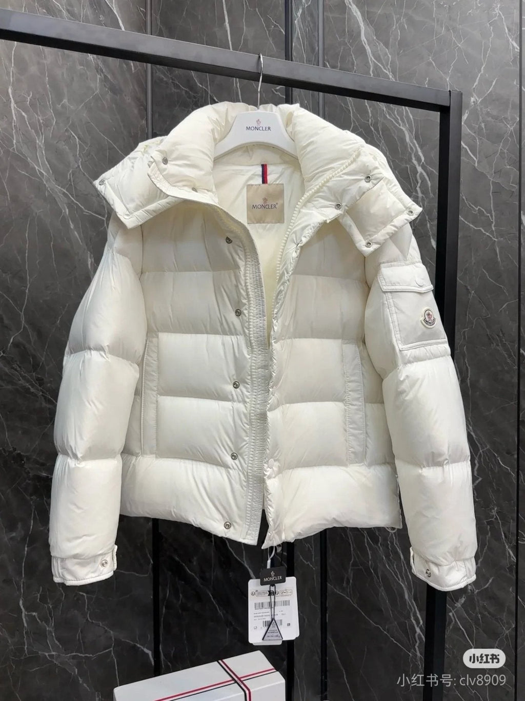 Moncler Matte Short Hooded Puffer Coat — detail