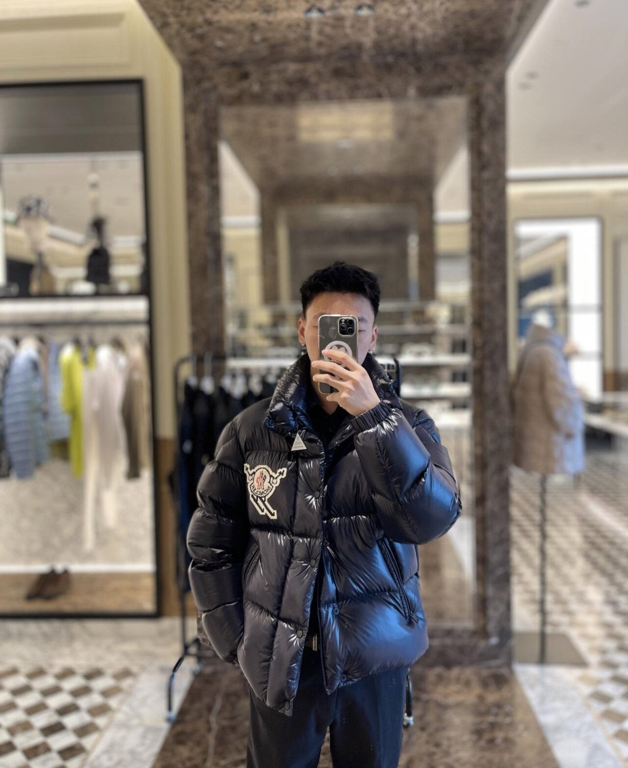 Moncler Pixel Skier Patch Short Down Coat — context