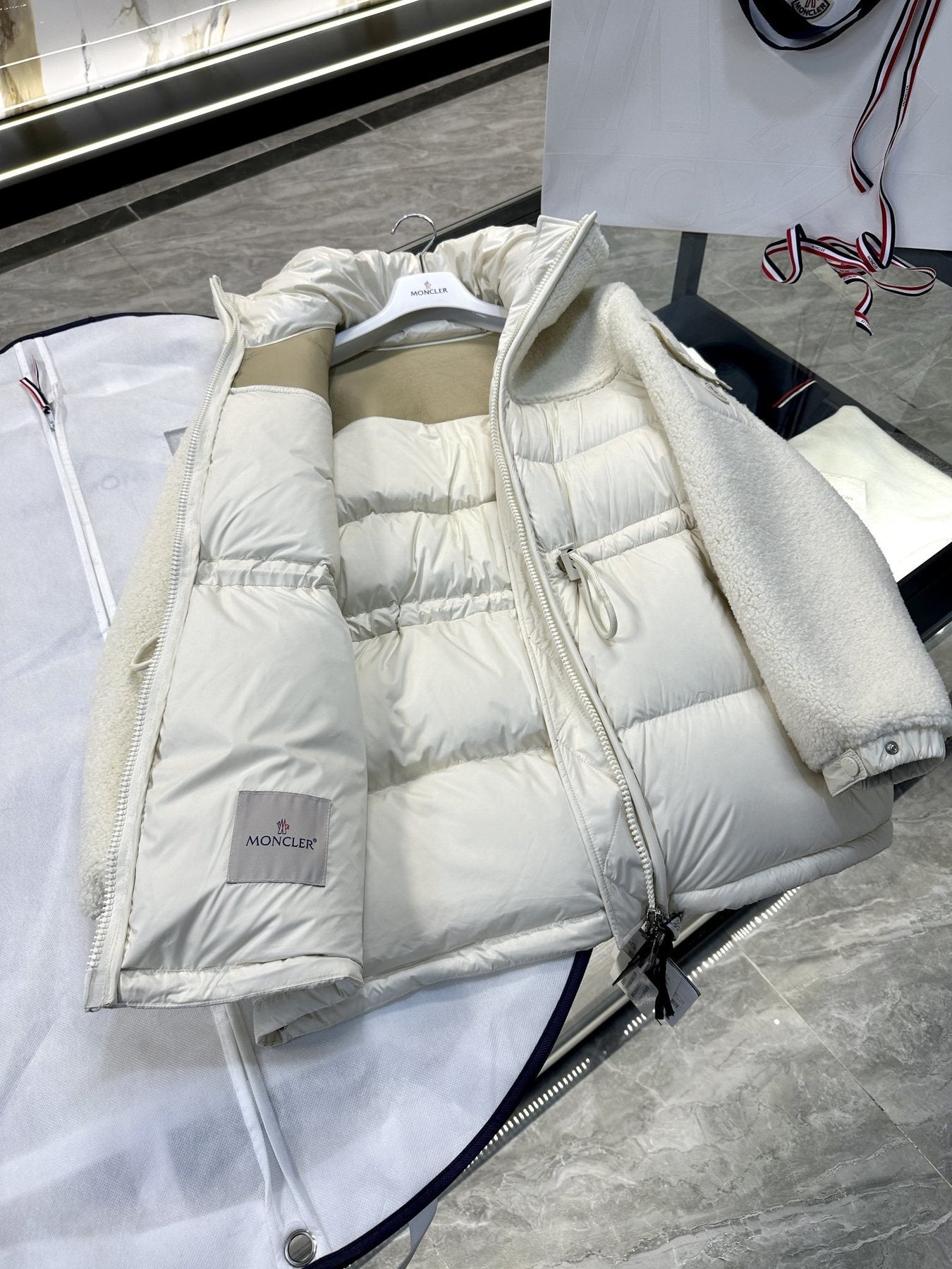 Moncler White Mixed-Panel Puffer Coat — detail
