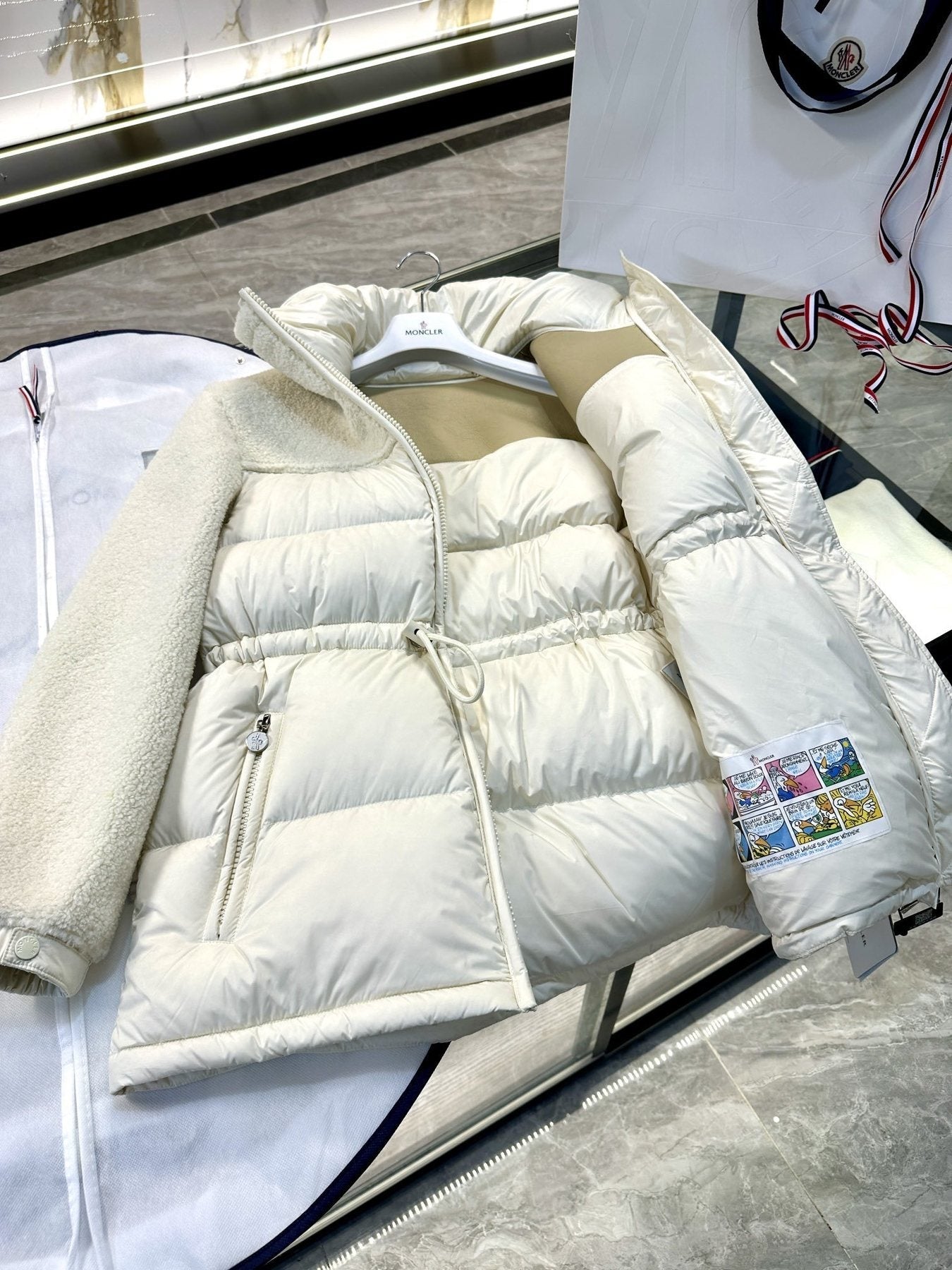 Moncler White Mixed-Panel Puffer Coat — detail