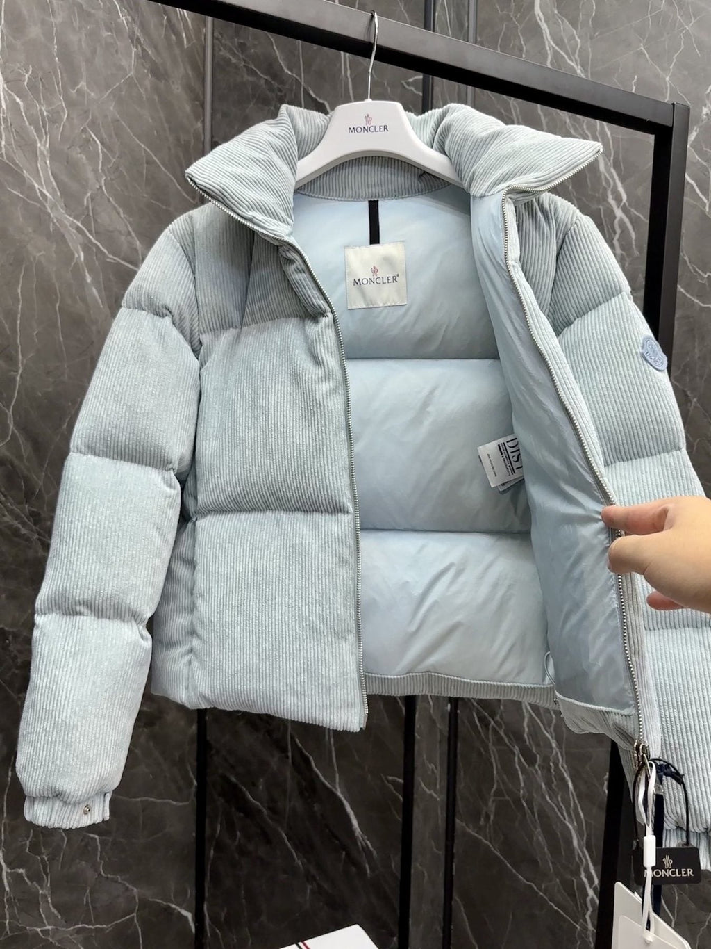 Moncler Light Blue Corduroy Cropped Puffer Coat — hang_tag