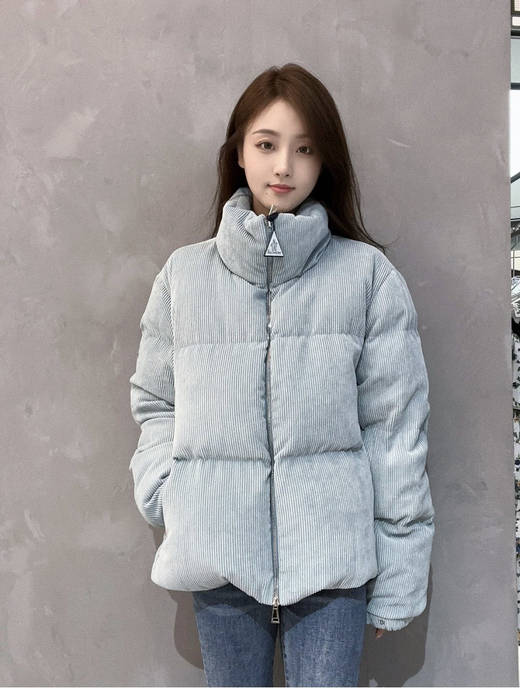 Moncler Light Blue Corduroy Cropped Puffer Coat — hero