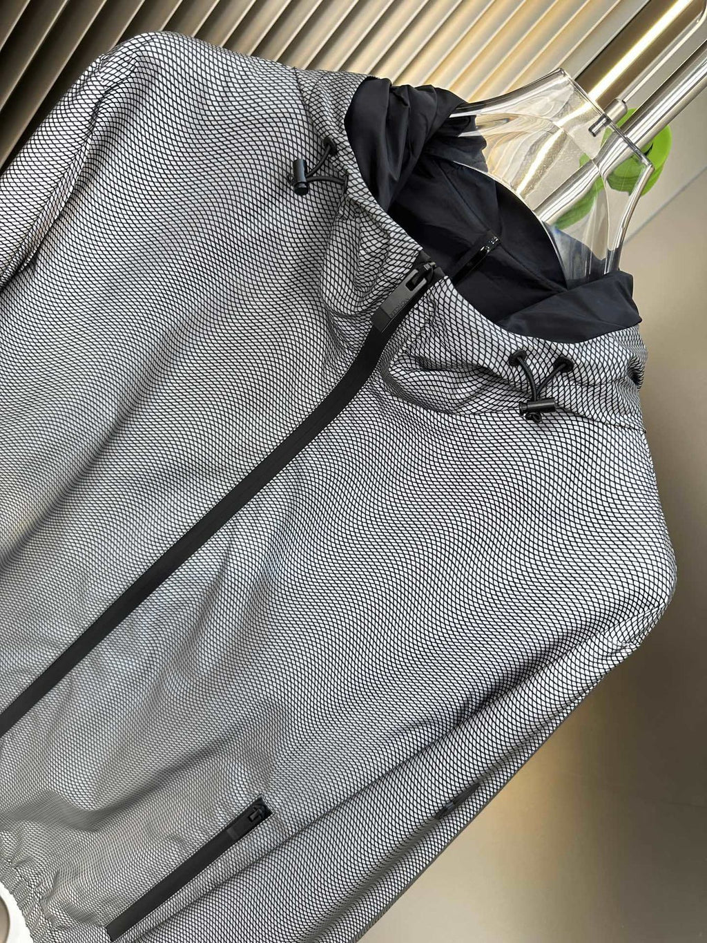 Moncler Grey Micro-Pattern Hooded Jacket — detail