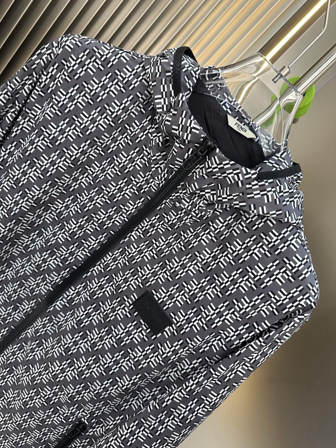 Fendi Black and White Pattern Hooded Zip-Front Jacket — fabric_closeup
