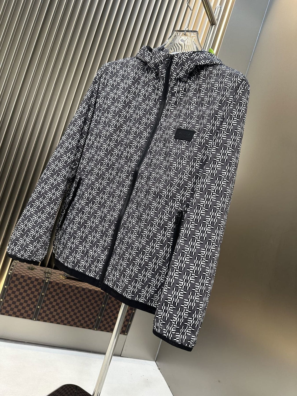 Fendi Black and White Pattern Hooded Zip-Front Jacket — front