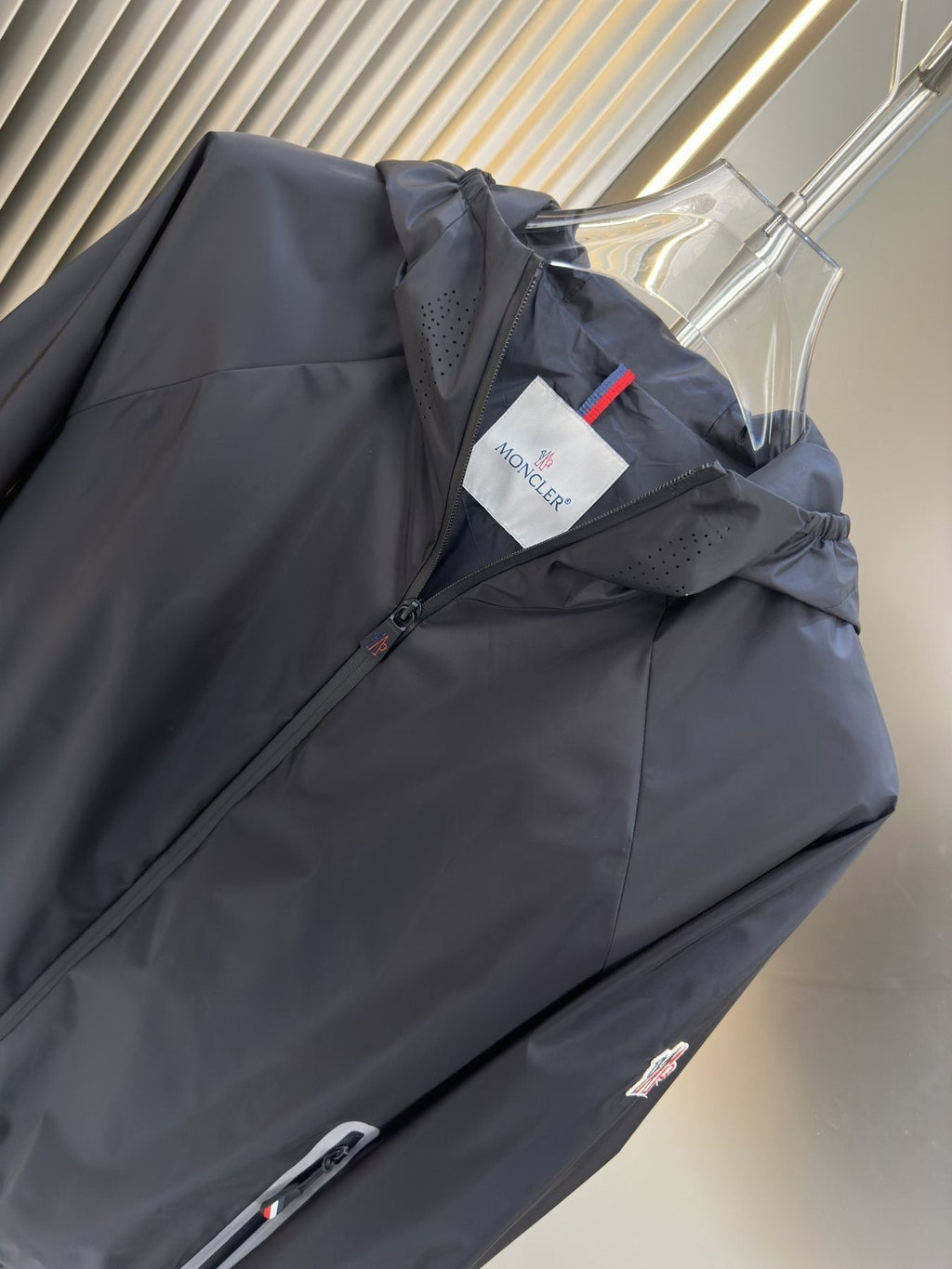 Moncler Hooded Zip-Front Jacket with Chest Emblem — hang_tag
