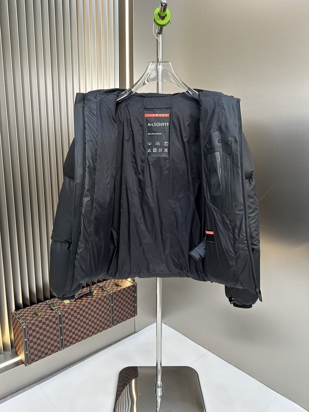 Prada Hooded Puffer Jacket with Red Chest Trim — detail