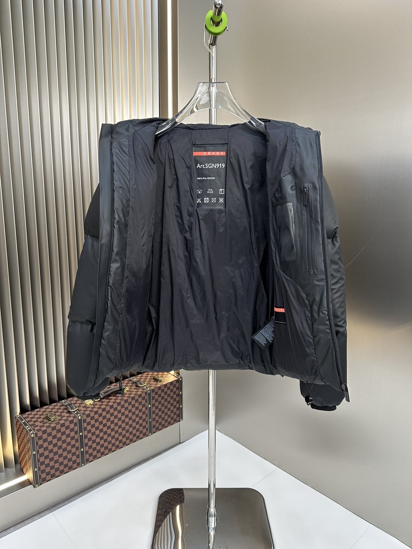 Prada Hooded Puffer Jacket with Red Chest Trim — detail