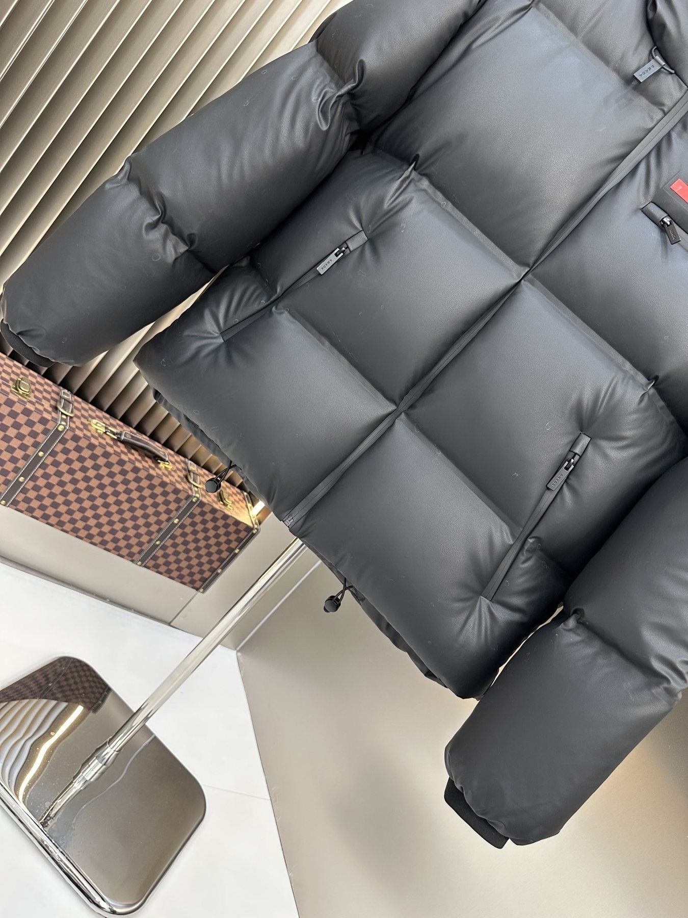 Prada Hooded Puffer Jacket with Red Chest Trim — detail