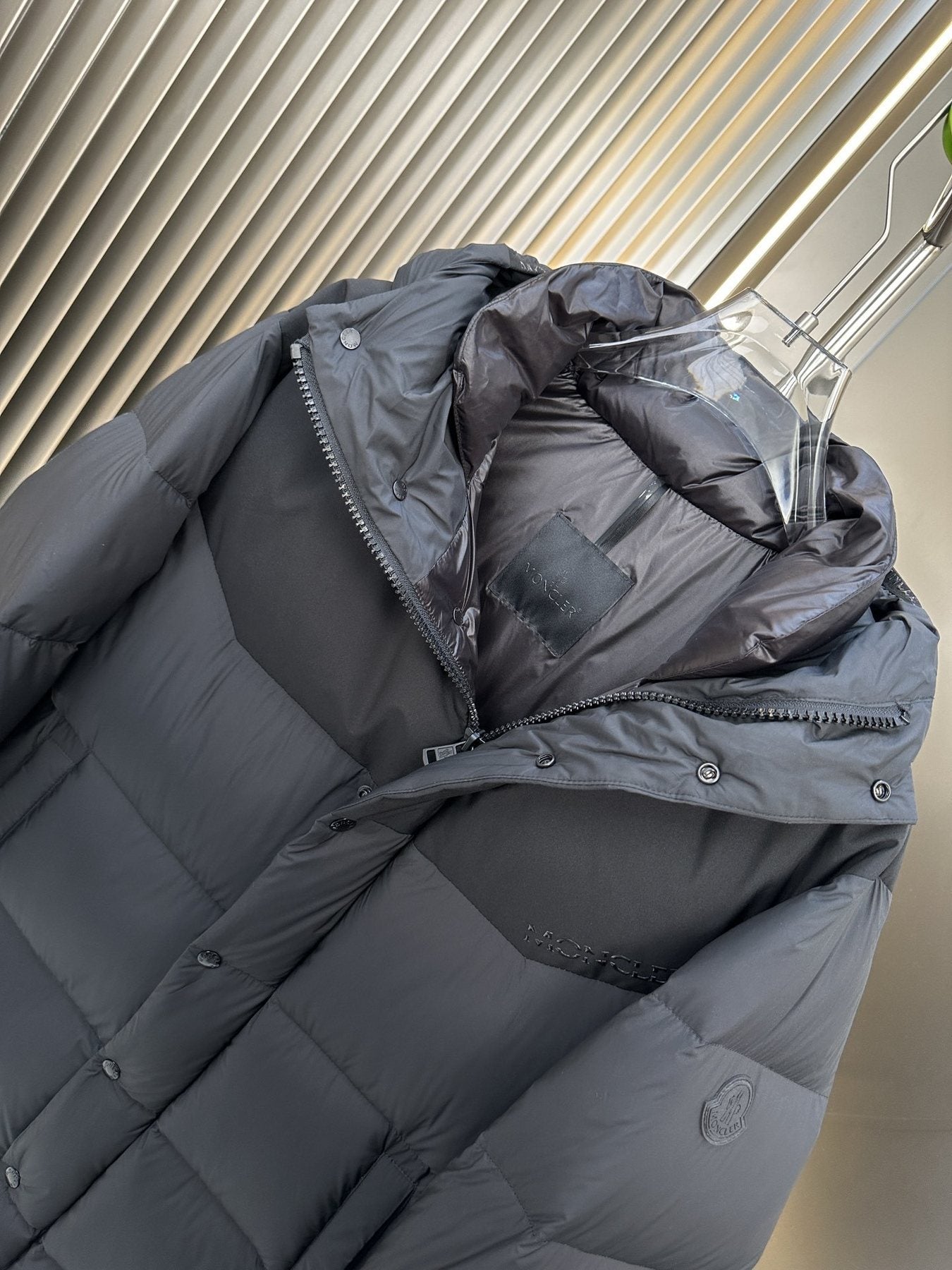 Moncler Charcoal Grey Long Hooded Puffer Coat — detail