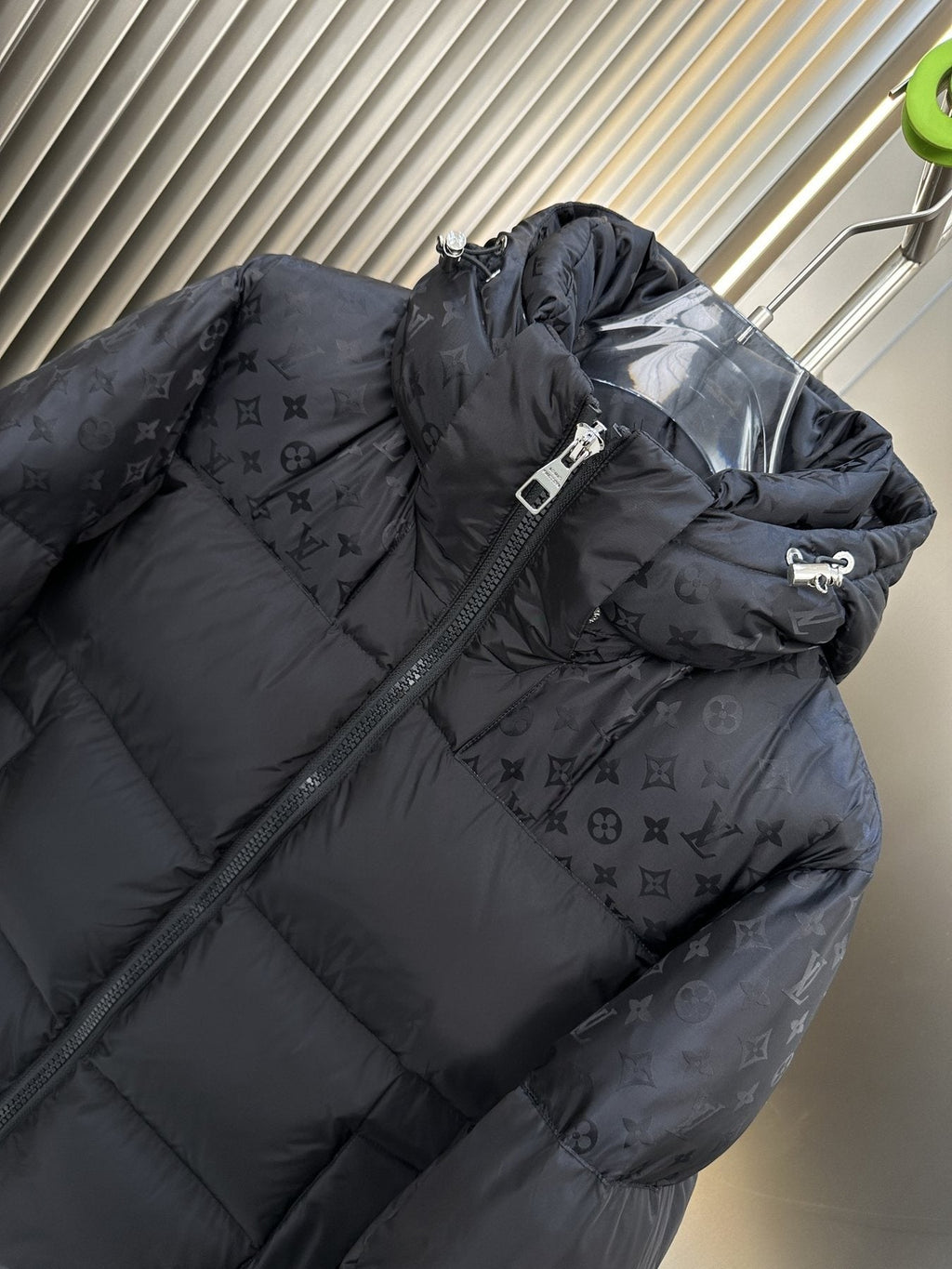 LV Tonal Monogram Hooded Puffer Coat — detail