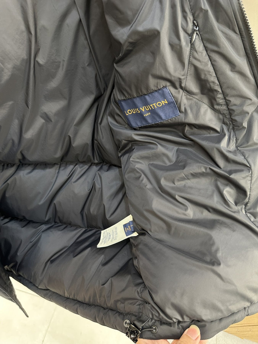 LV Dark Grey Hooded Quilted Puffer Coat — neck_label