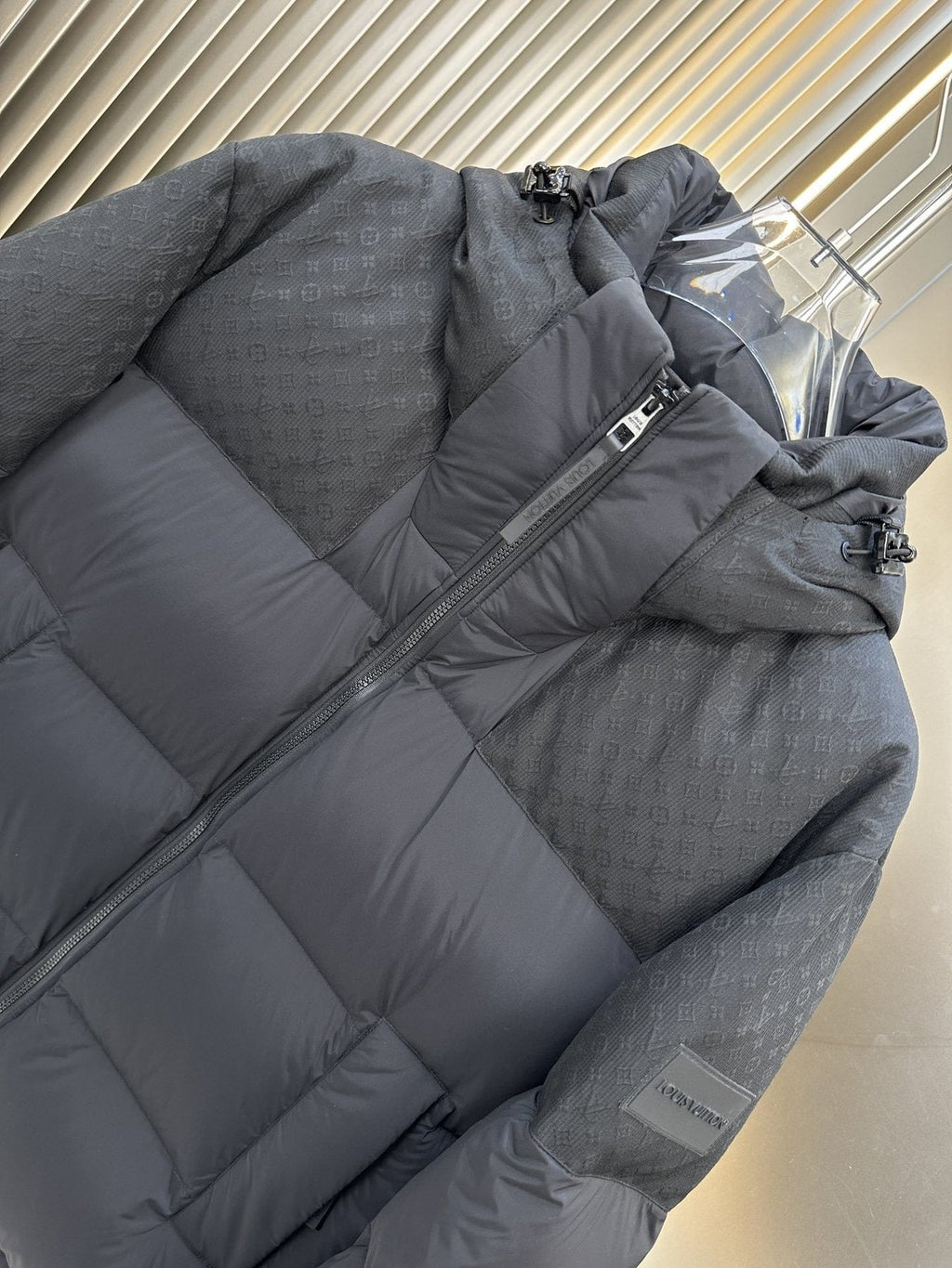LV Dark Grey Hooded Quilted Puffer Coat — detail