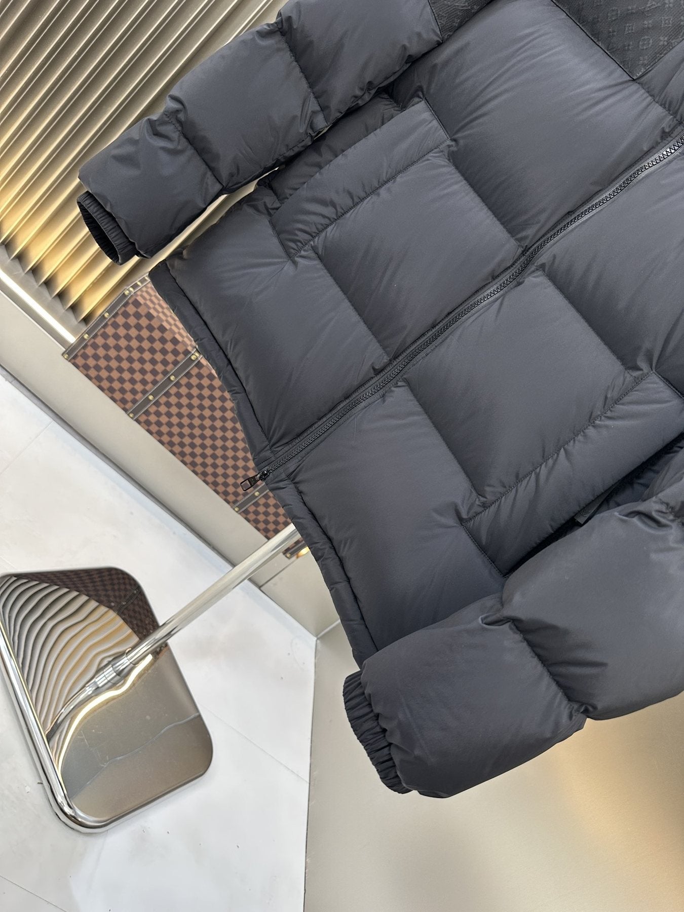 LV Dark Grey Hooded Quilted Puffer Coat — detail