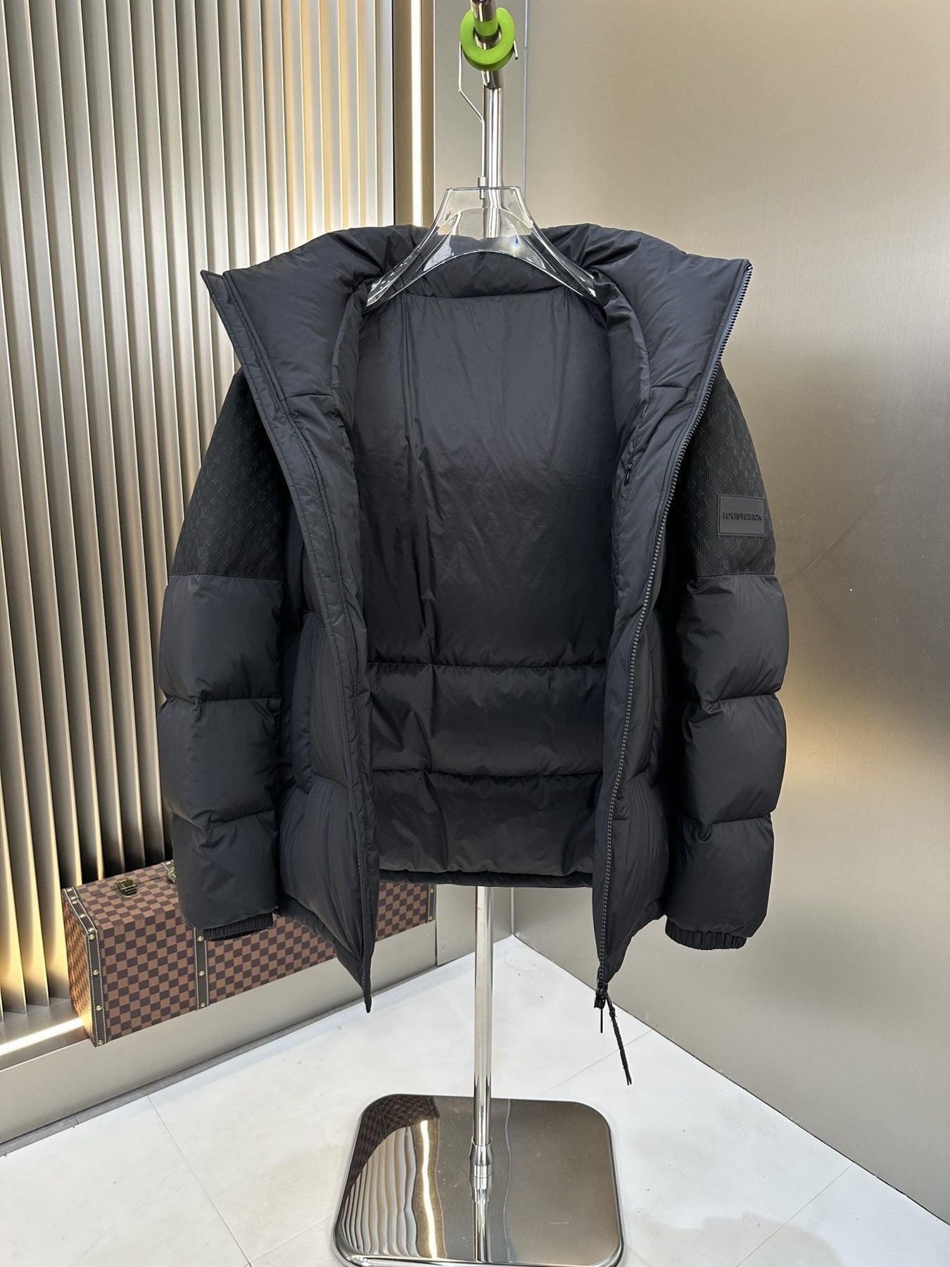 LV Dark Grey Hooded Quilted Puffer Coat — front