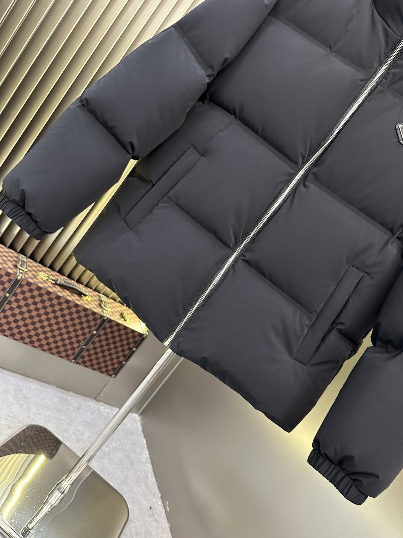 Prada Quilted Triangle-Badge Puffer Jacket — detail