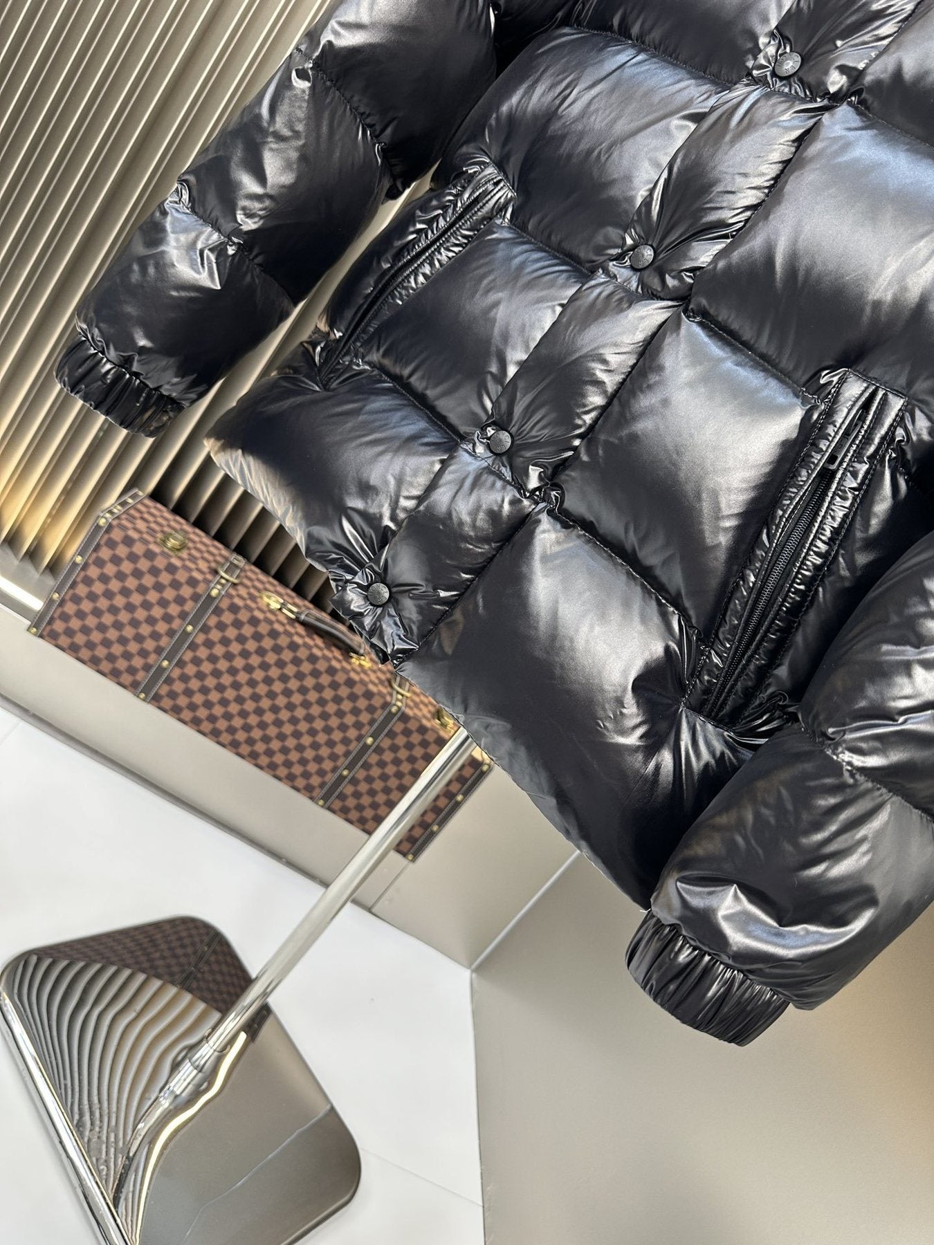 Moncler Black Glossy Quilted Puffer Coat — context