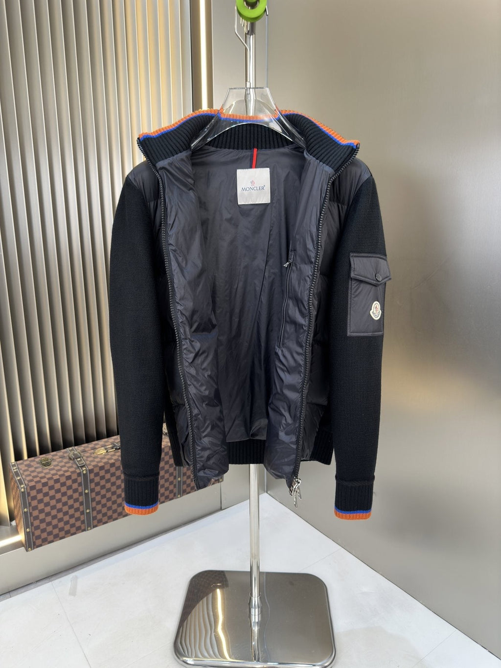 Moncler Quilted Knit-Sleeve Zip Jacket — detail