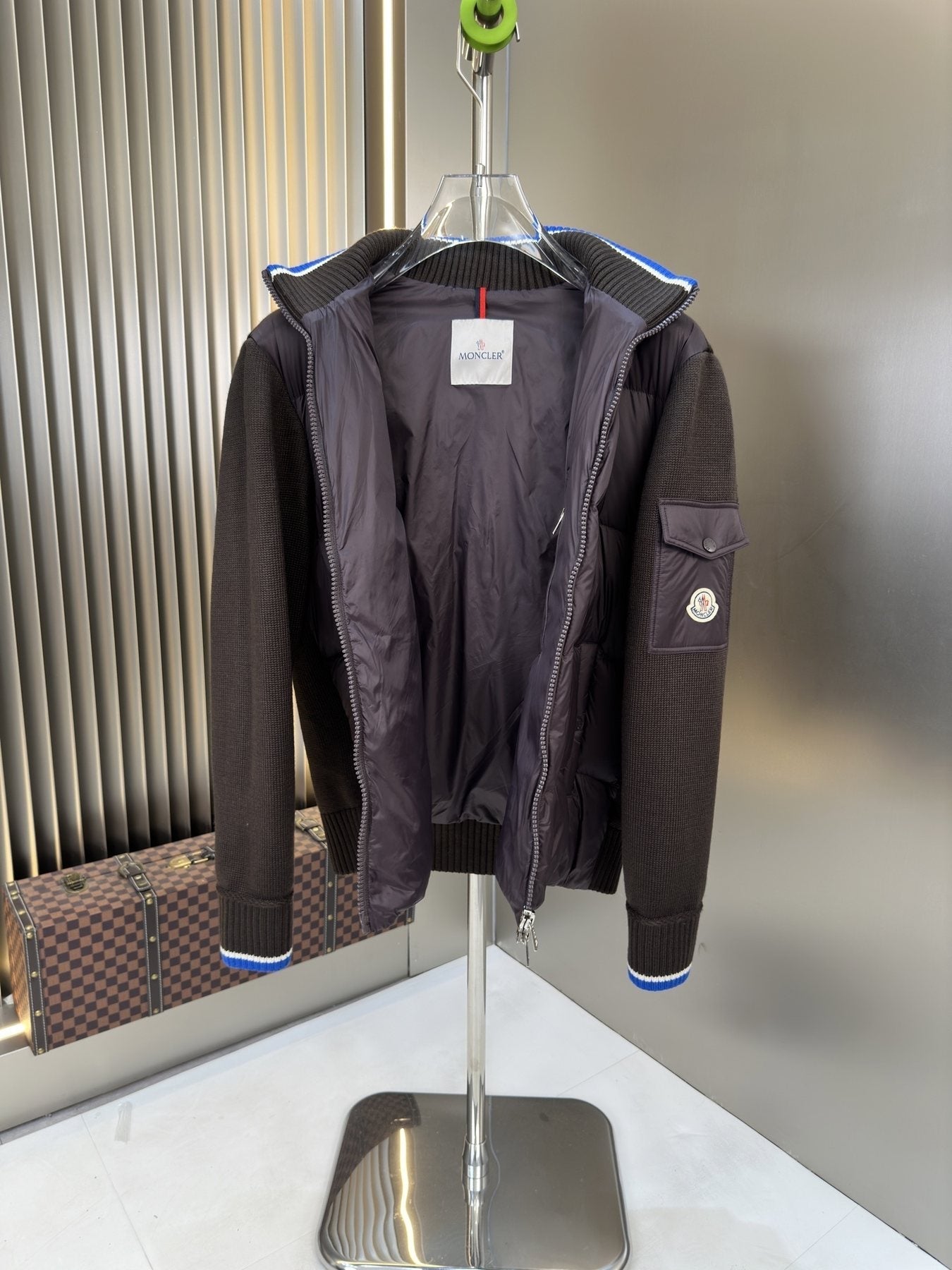 Moncler Quilted Knit-Sleeve Zip Jacket — detail