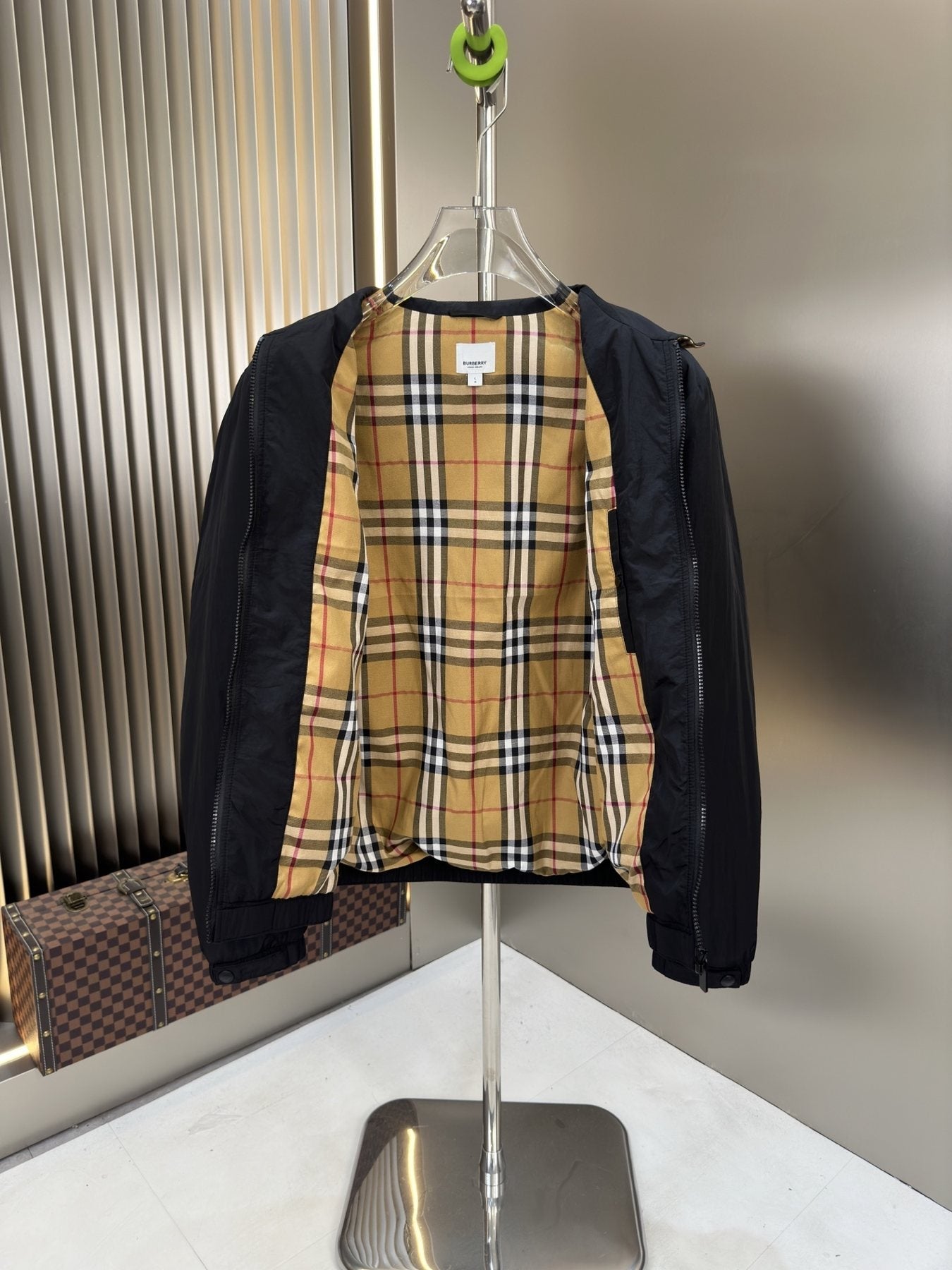 Moncler Black Zip-Front Jacket with Checked Lining — detail
