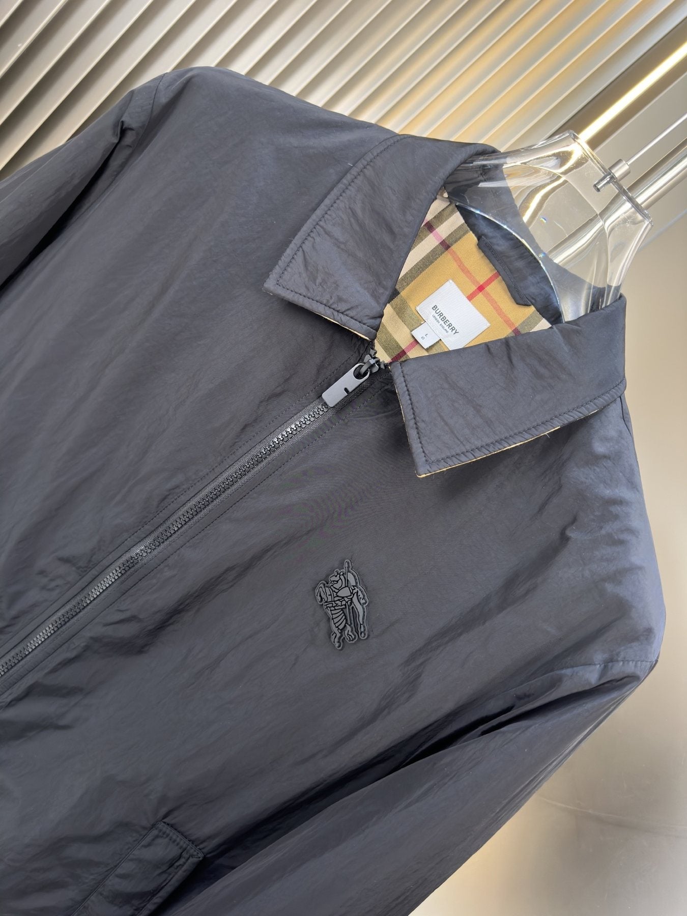 Moncler Black Zip-Front Jacket with Checked Lining — neck_label