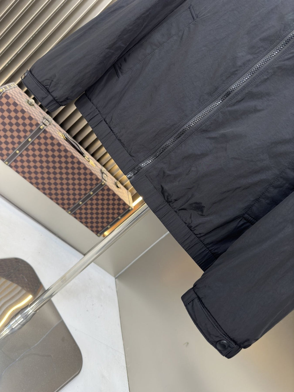 Moncler Black Zip-Front Jacket with Checked Lining — detail