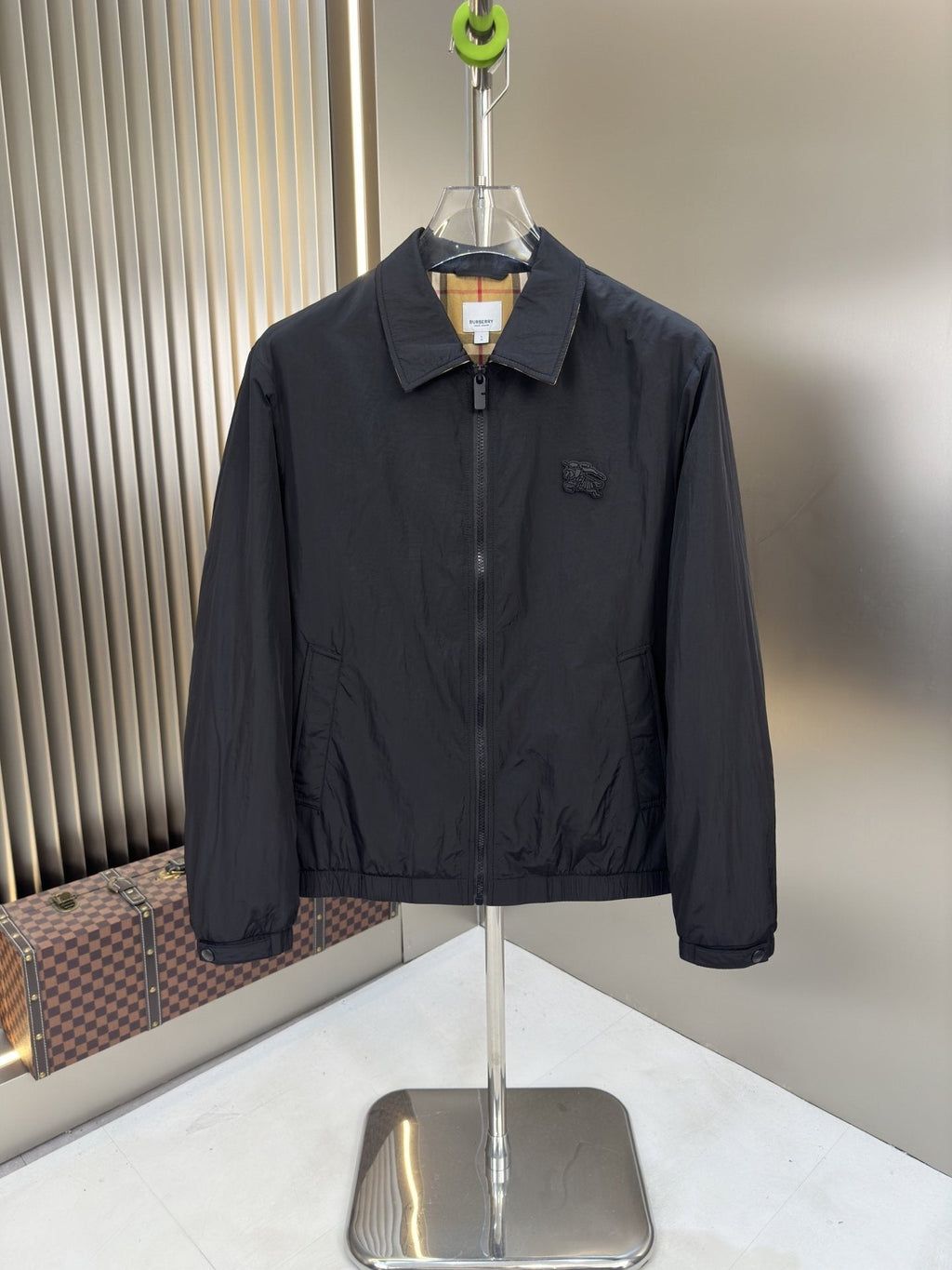 Moncler Black Zip-Front Jacket with Checked Lining — hero