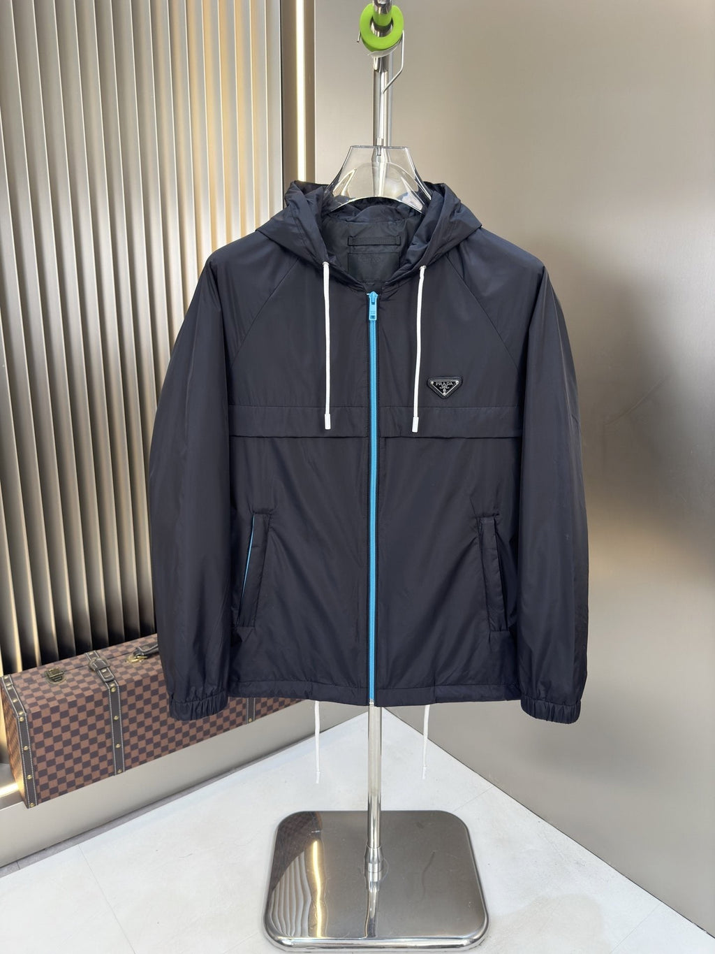 Prada Dark Navy Hooded Jacket with Blue Zipper Trim — hero