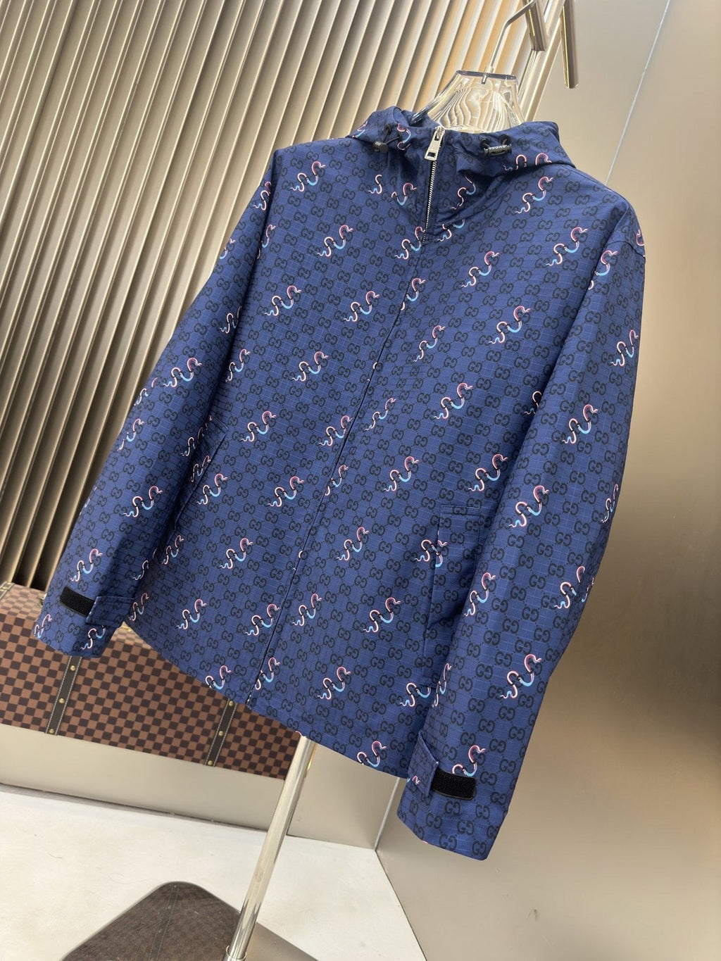 Gucci Blue Patterned Hooded Zip Jacket — front