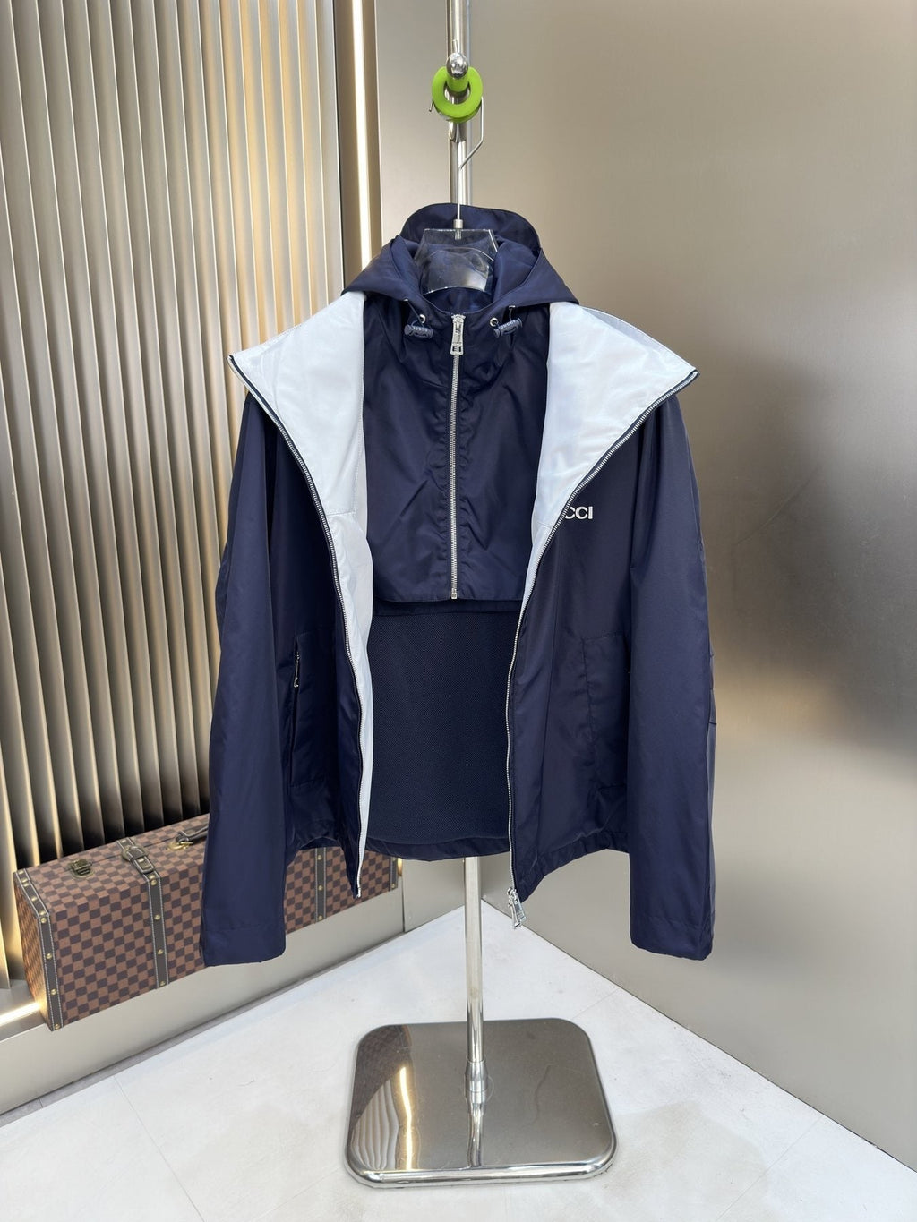Gucci Navy Hooded Zip-Front Jacket — front