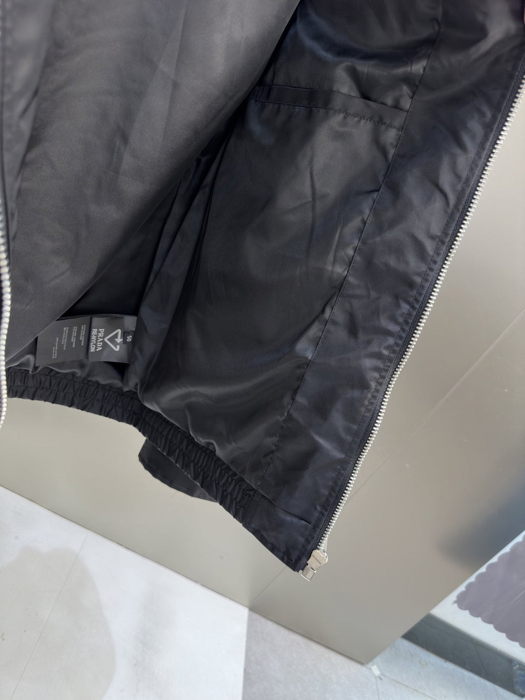 Prada Black Zip-Front Collared Jacket — fabric_closeup
