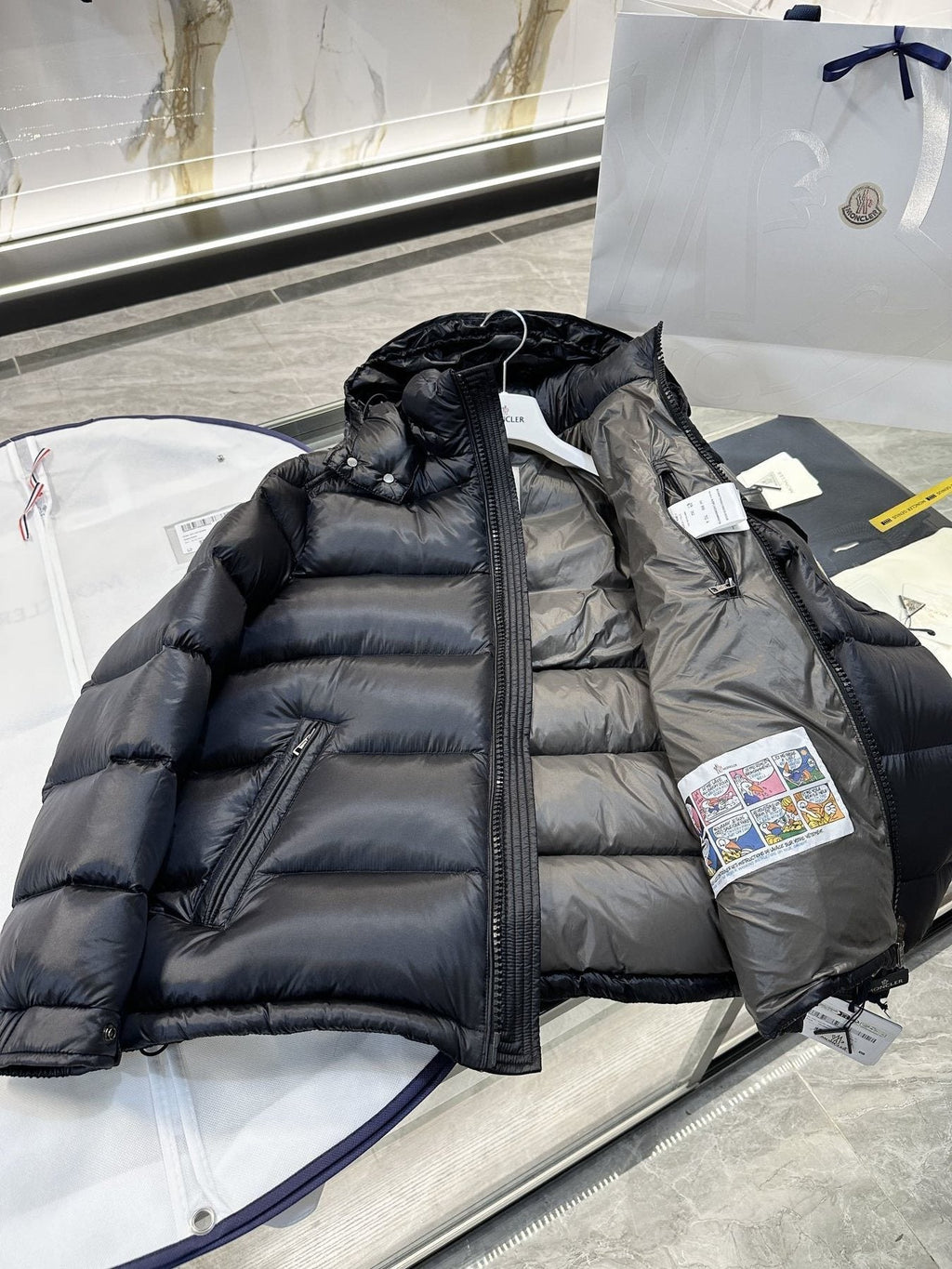 Moncler Black Glossy Hooded Puffer Coat — detail
