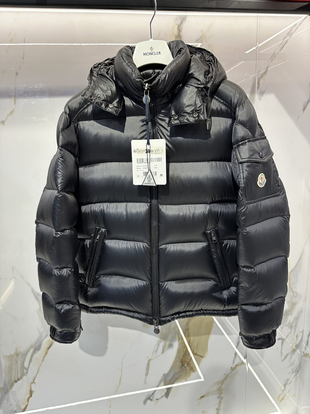 Moncler Black Glossy Hooded Puffer Coat — hang_tag